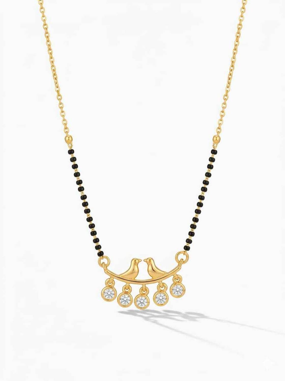 Artisanal Jewellery Gold Plated with Couple Birds Pendant, Charm Women's Jewelry Black Bead Necklace Brass Mangalsutra
