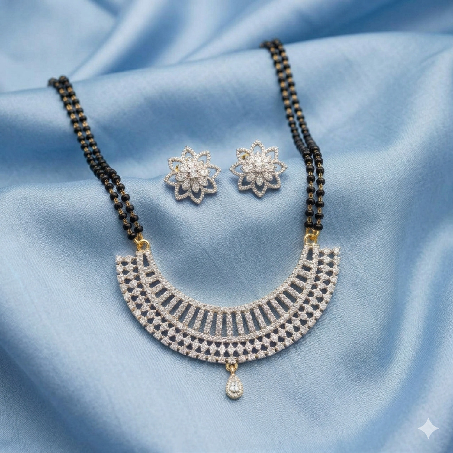 Image of Amshine Gold Plated AD Stone Crescent Pendant Mangalsutra Set with Earrings for Women Alloy Mangalsutra