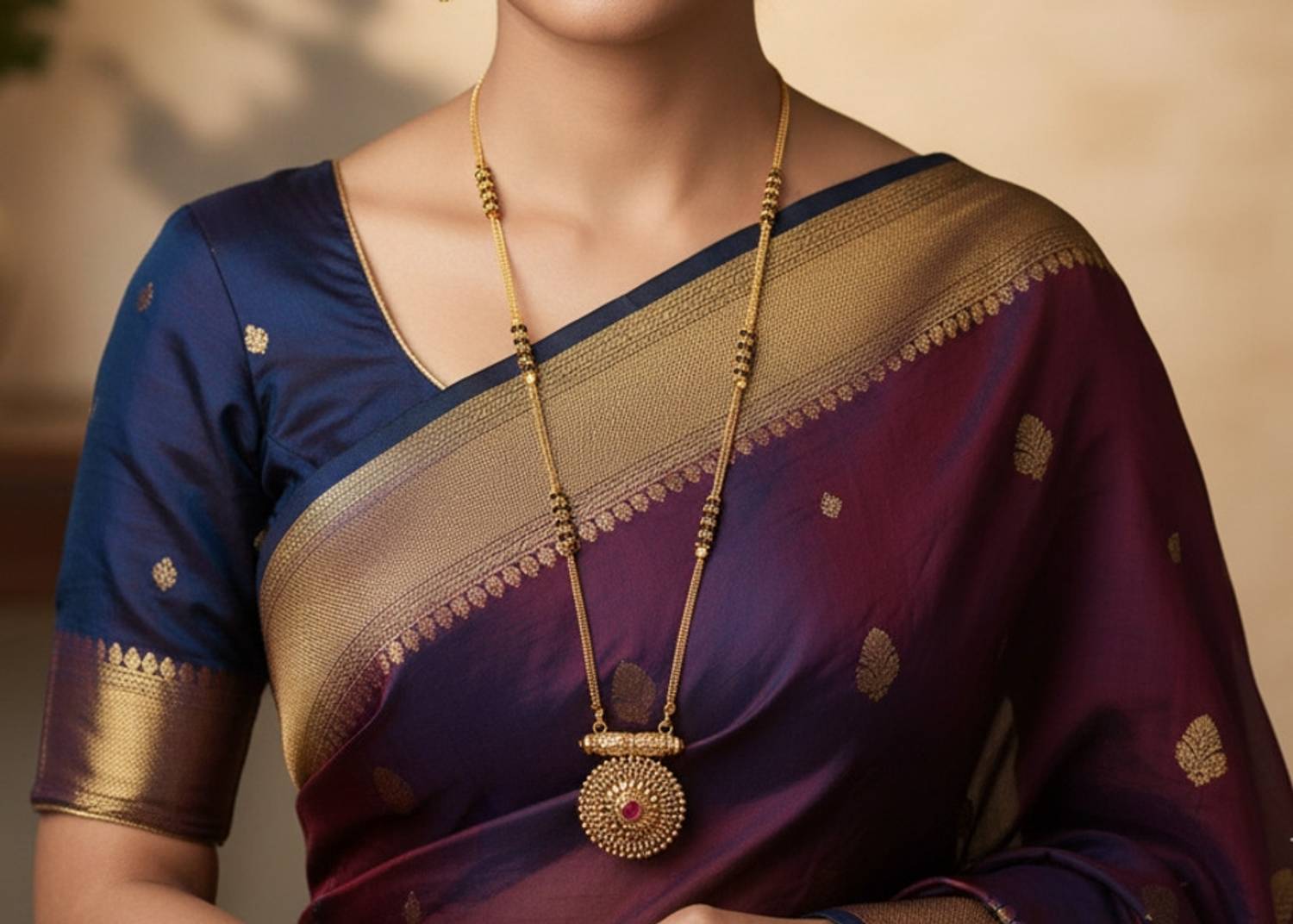 Aaiku 36 Inch Traditional Gold-Plated Micropolish Round Pendant and Stud Earrings Alloy Mangalsutra