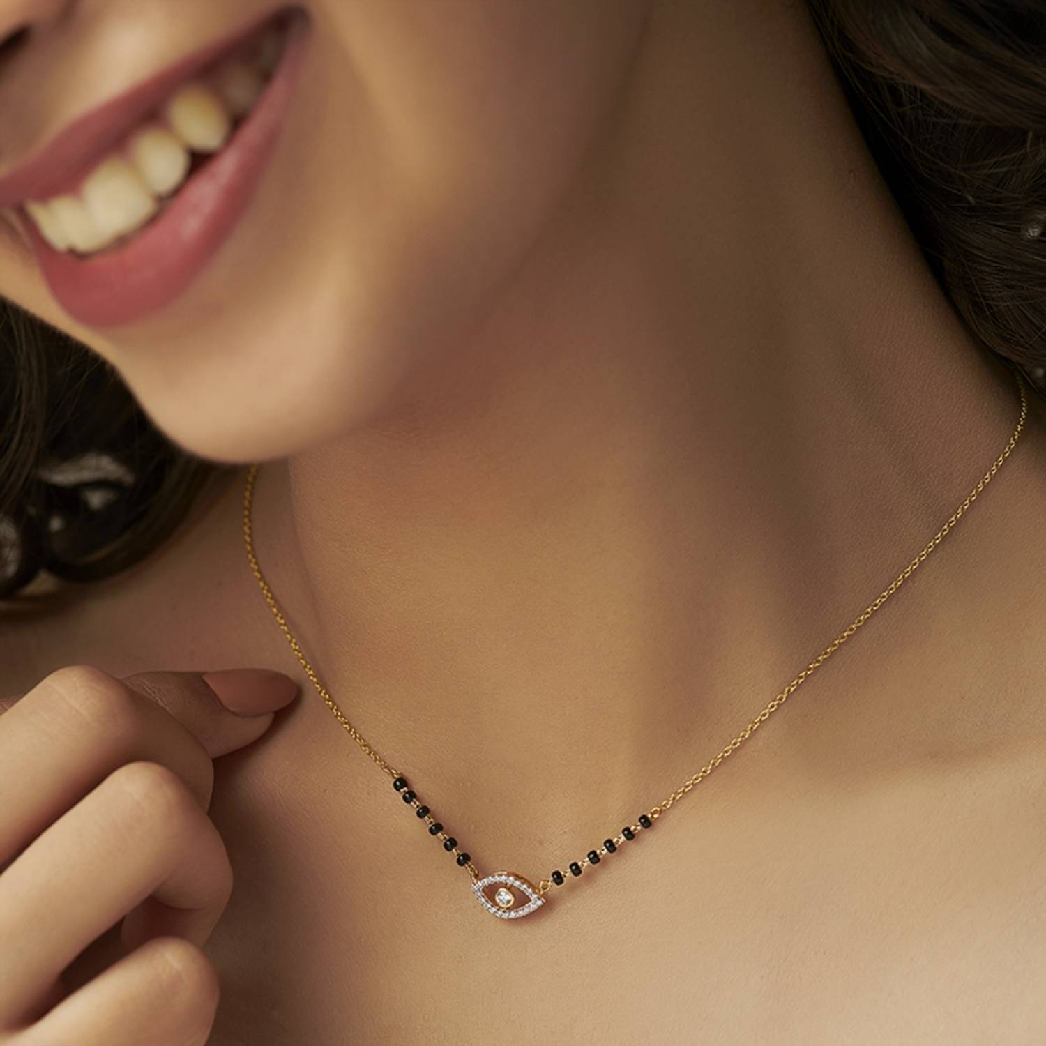 Bhumi09 Bhumi09 American Diamond Evil Eye Mangalsutra Black Beads Chain For Women Brass Mangalsutra