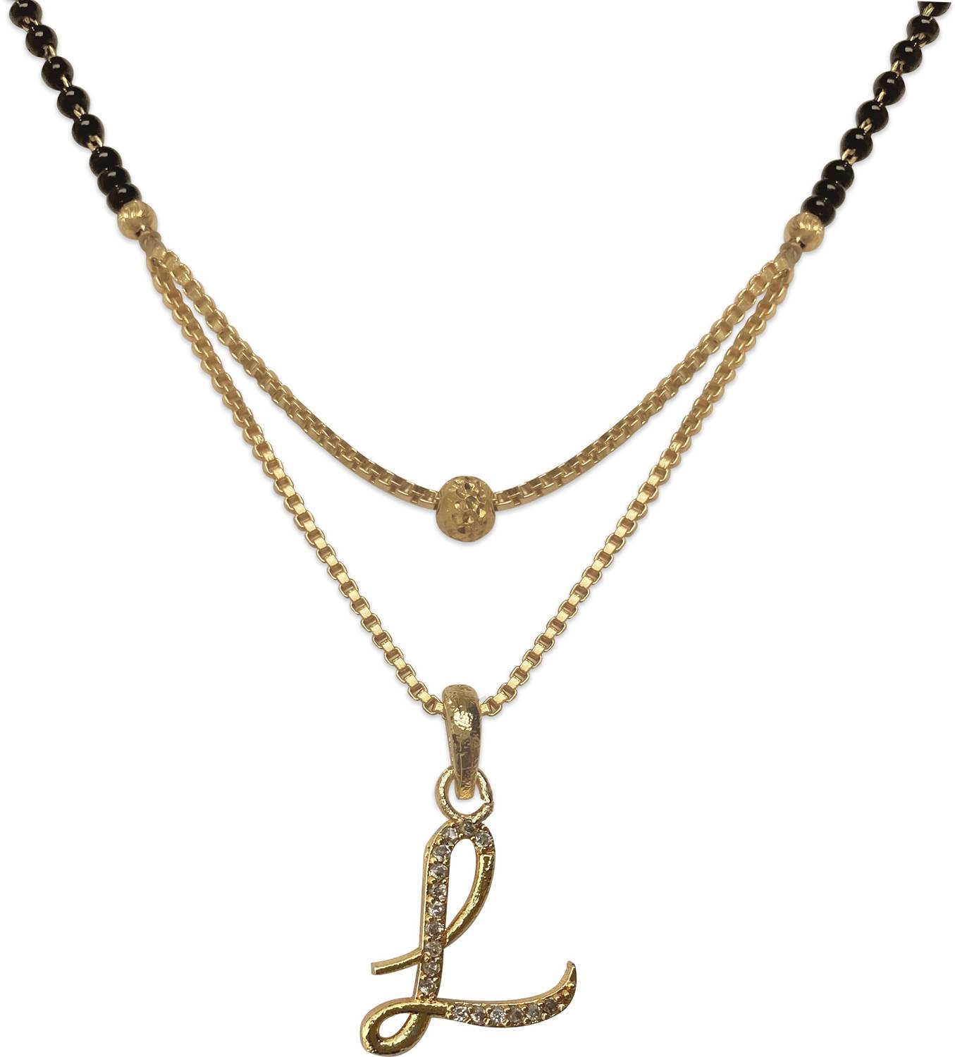 AmazingKarts Gold Plated L Word Black Bead Necklace Chain Pendant Mangalsutra for Women Metal Mangalsutra