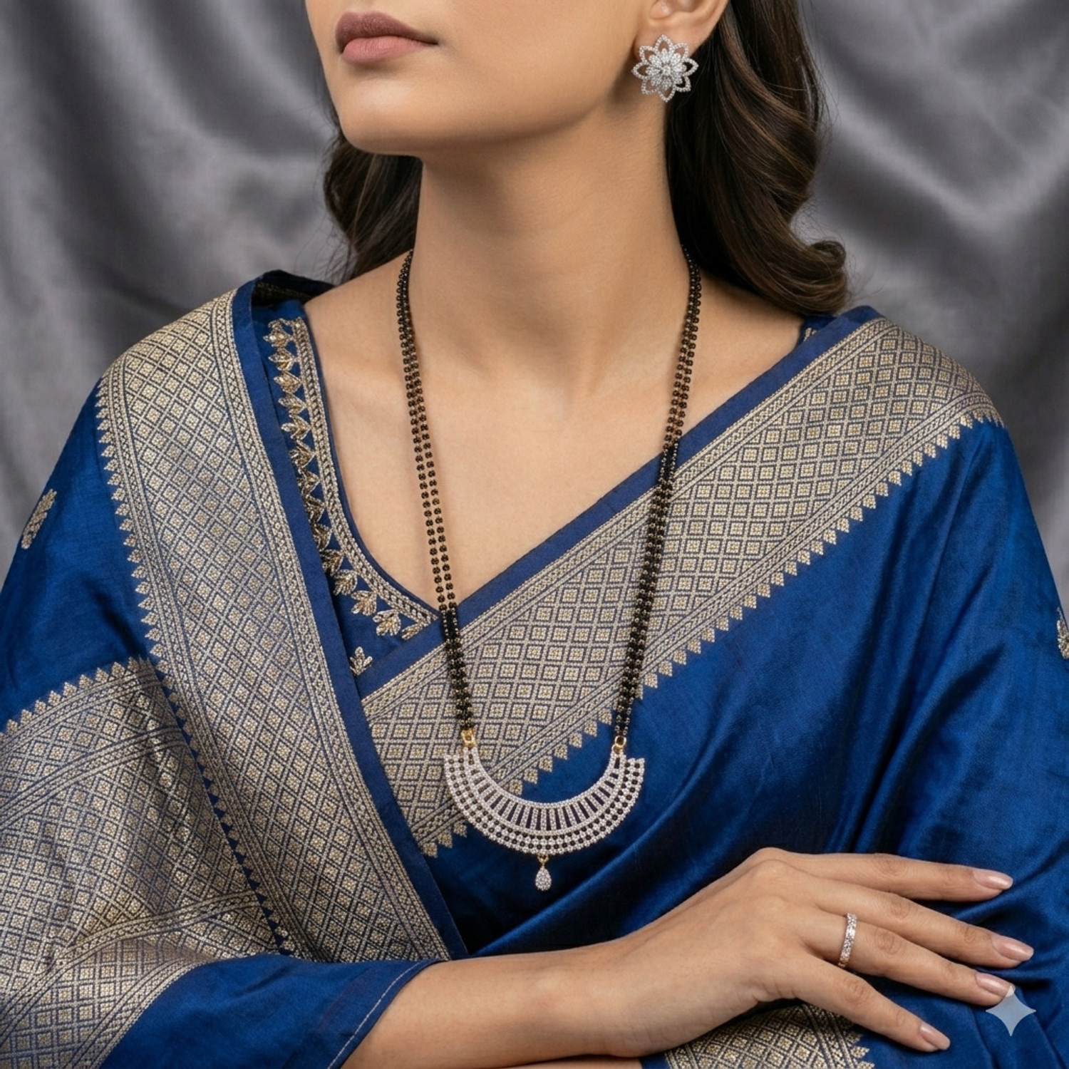 Image of Amshine Gold Plated AD Stone Crescent Pendant Mangalsutra Set with Earrings for Women Alloy Mangalsutra