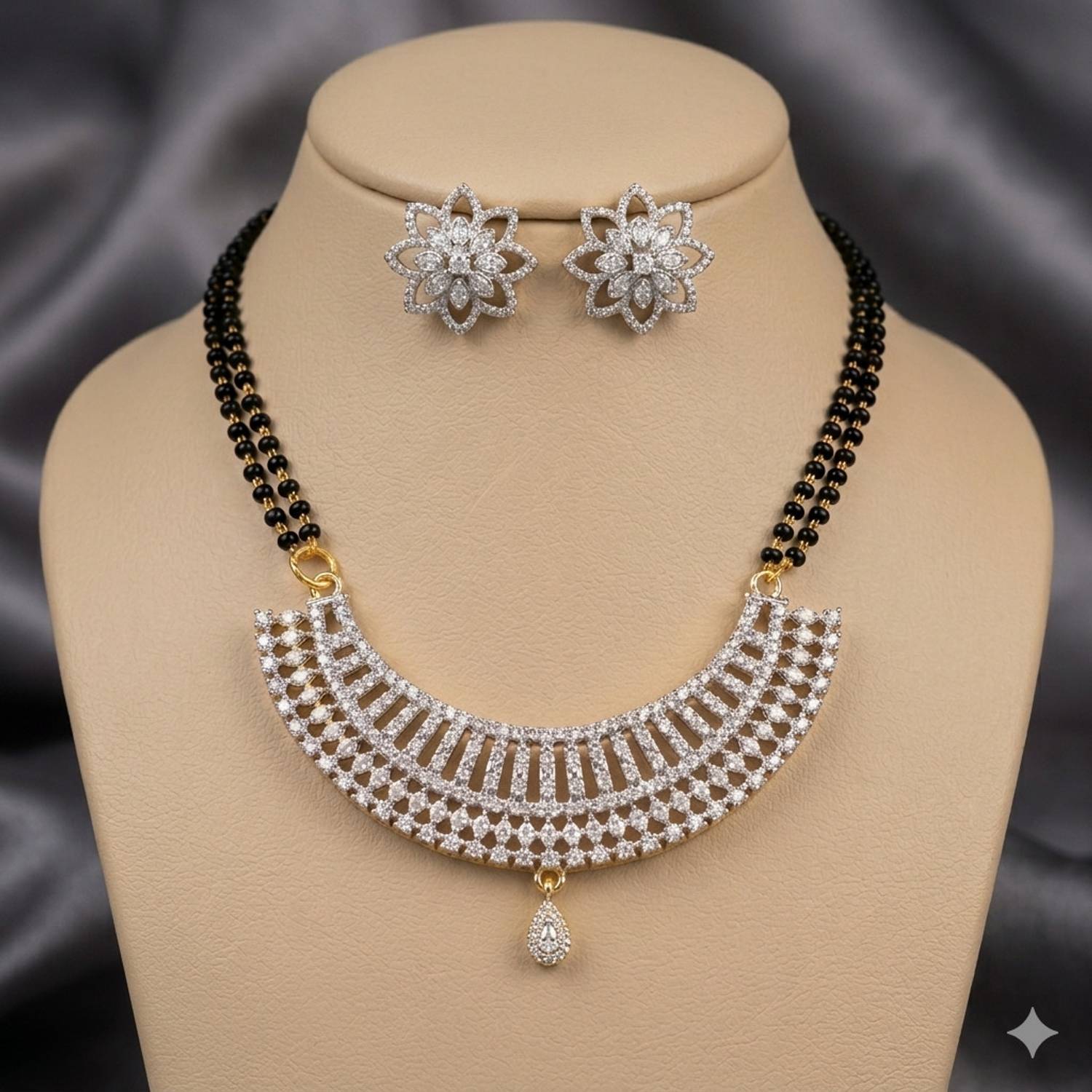 Amshine Gold Plated AD Stone Crescent Pendant Mangalsutra Set with Earrings for Women Alloy Mangalsutra