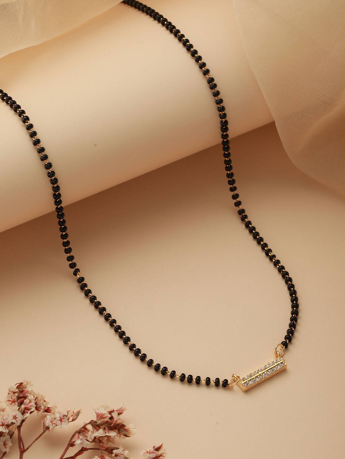 AATMANA Black Gold-Plated AD-Studded & Beaded Mangalsutra Brass Mangalsutra