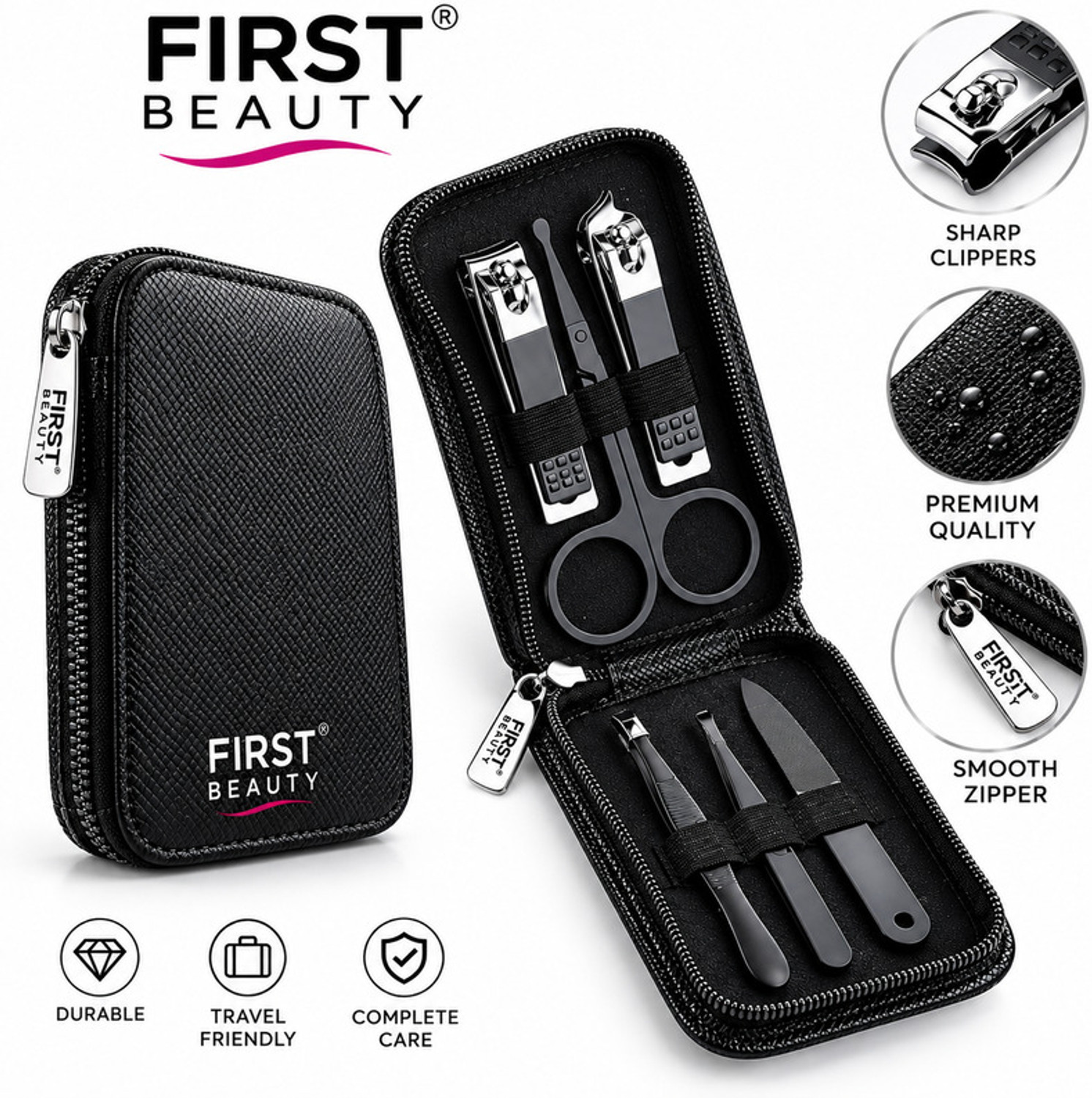 Image of FIRST BEAUTY Complete Nail Care Set with Cutter Scissors File Cuticle Tools and Pouch (6 g, Set of 1)
