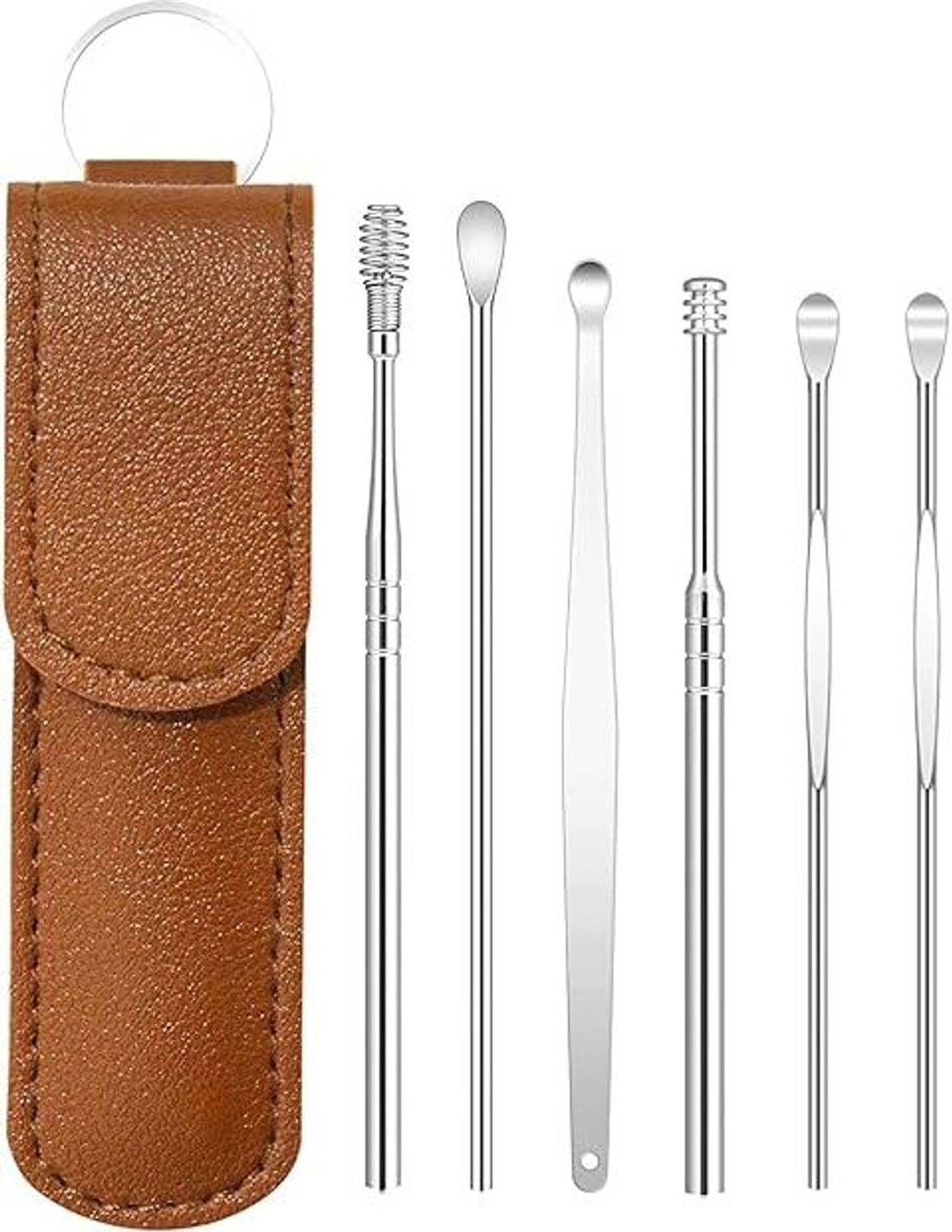 4tens 6 Pcs Ear Wax Cleaner Resuable Ear Cleaner Tool Set with Storage Leather Pouch