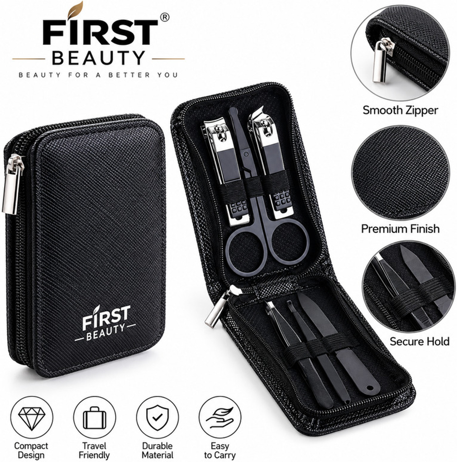 Image of FIRST BEAUTY Portable Nail Care Grooming Kit with Clippers Scissors and Essential Tools (6 g, Set of 1)