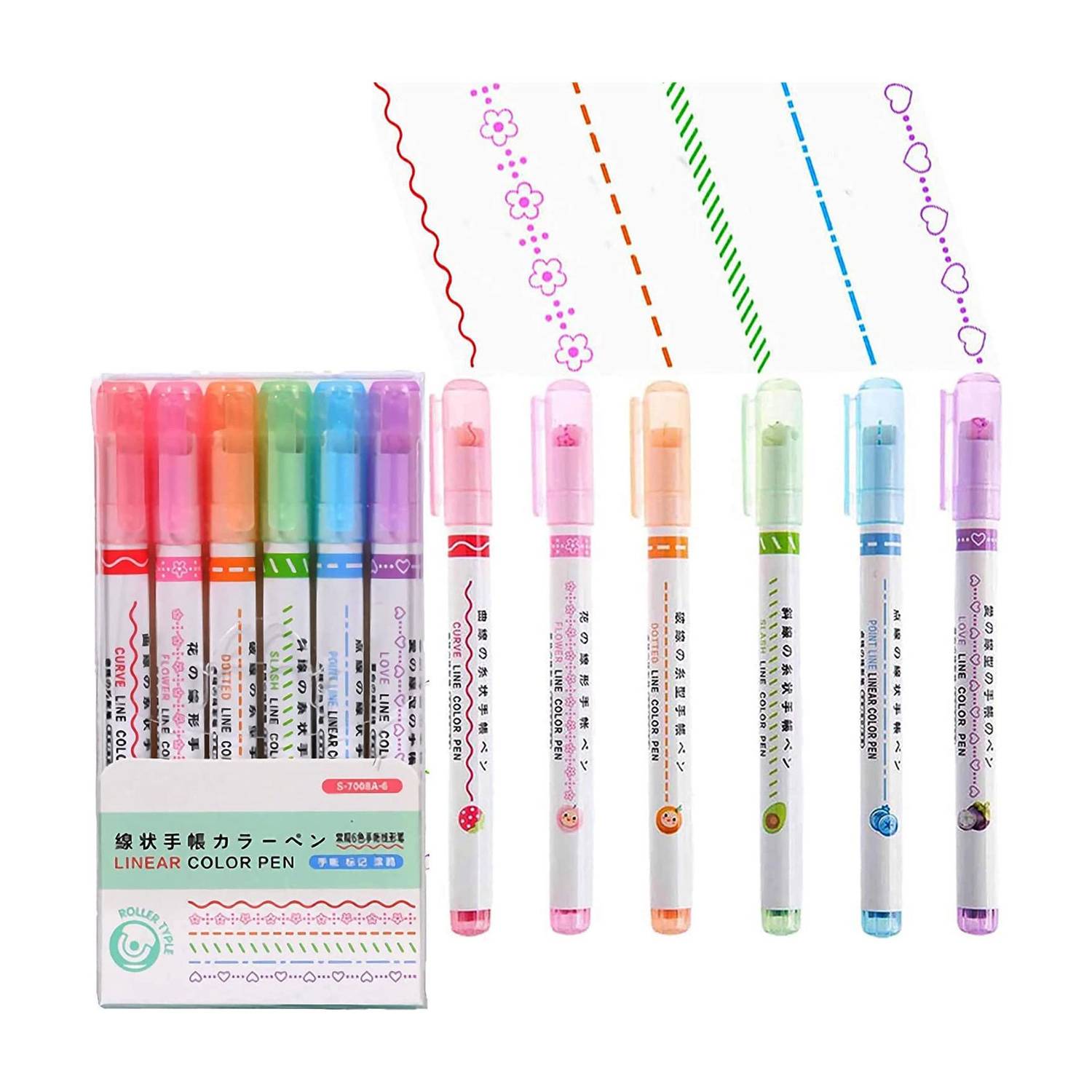 AKADO 6pcs Curve Highlighter Pen Set Different Curve Shapes