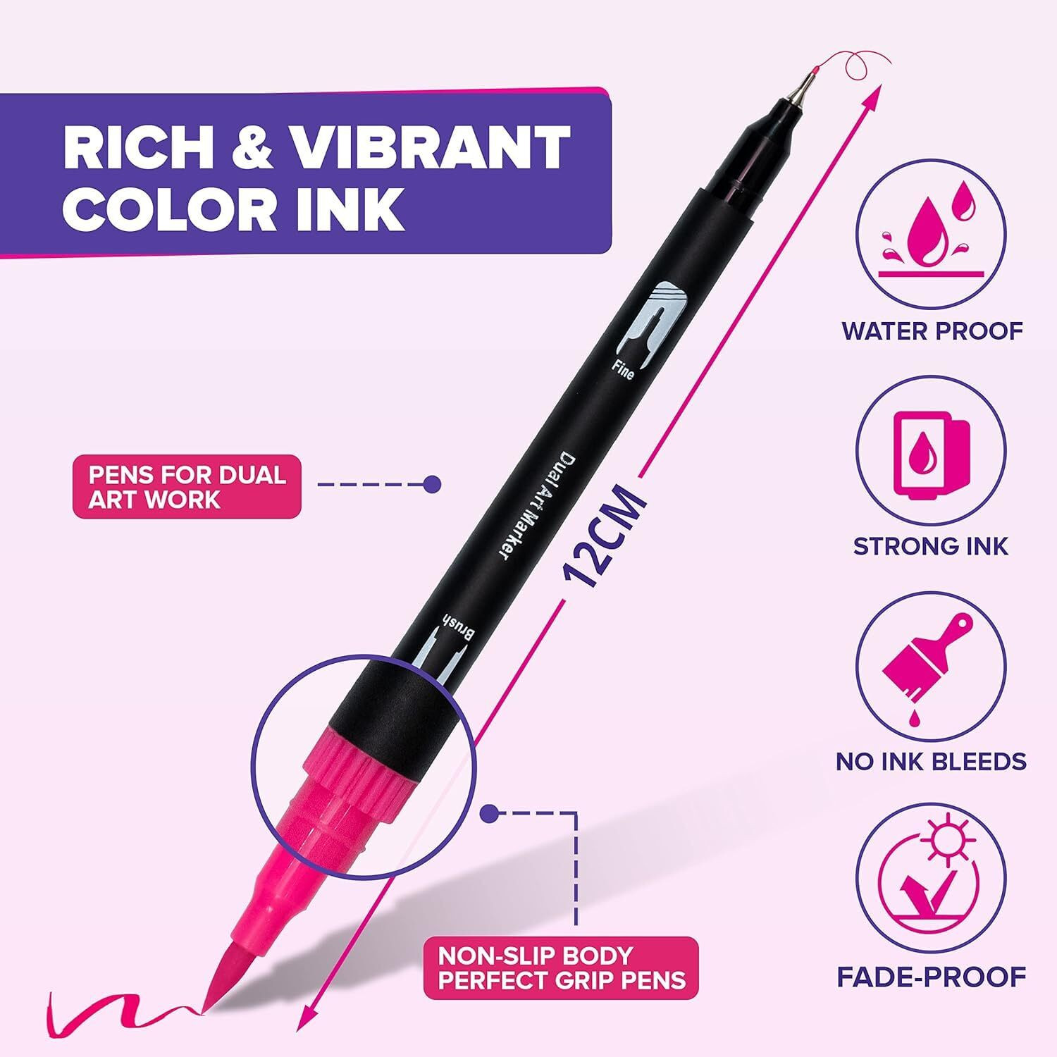 Image of TradeZ Colour Pen + Highllighter Double Head Pen and Brush Double Head Pen and Brush Nib Sketch Pens with Washable Ink