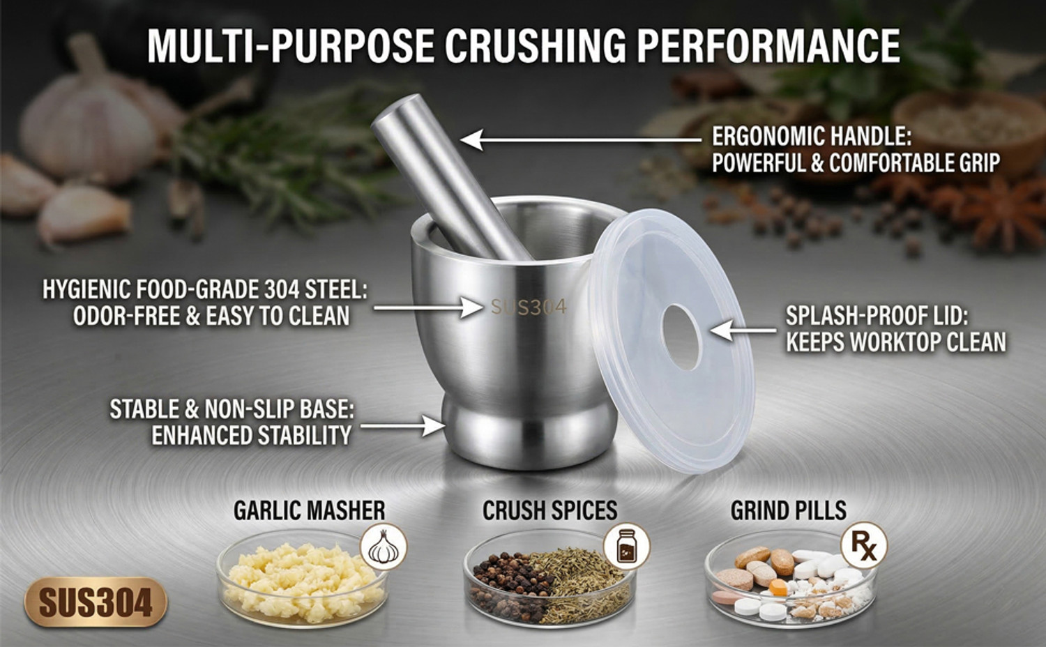 Image of DHVITI EXPO Premium Steel Mortar Pestle for Kitchen Spices | Heavy Duty Grinder Stainless Steel Masher