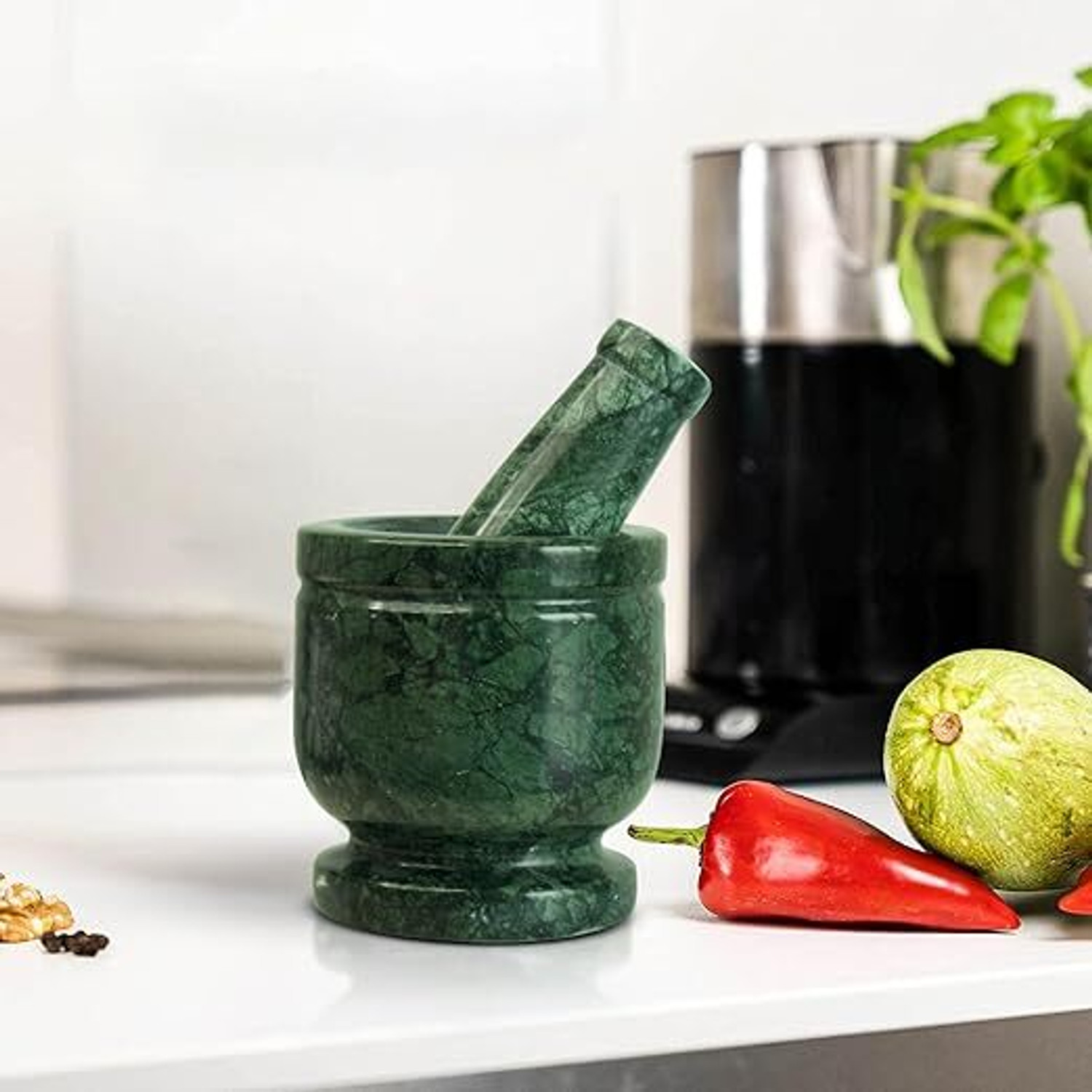 Image of Sartaaj Green marble mortar and pestle set 4 Inch, Khalbatta okhli stone Marble Masher