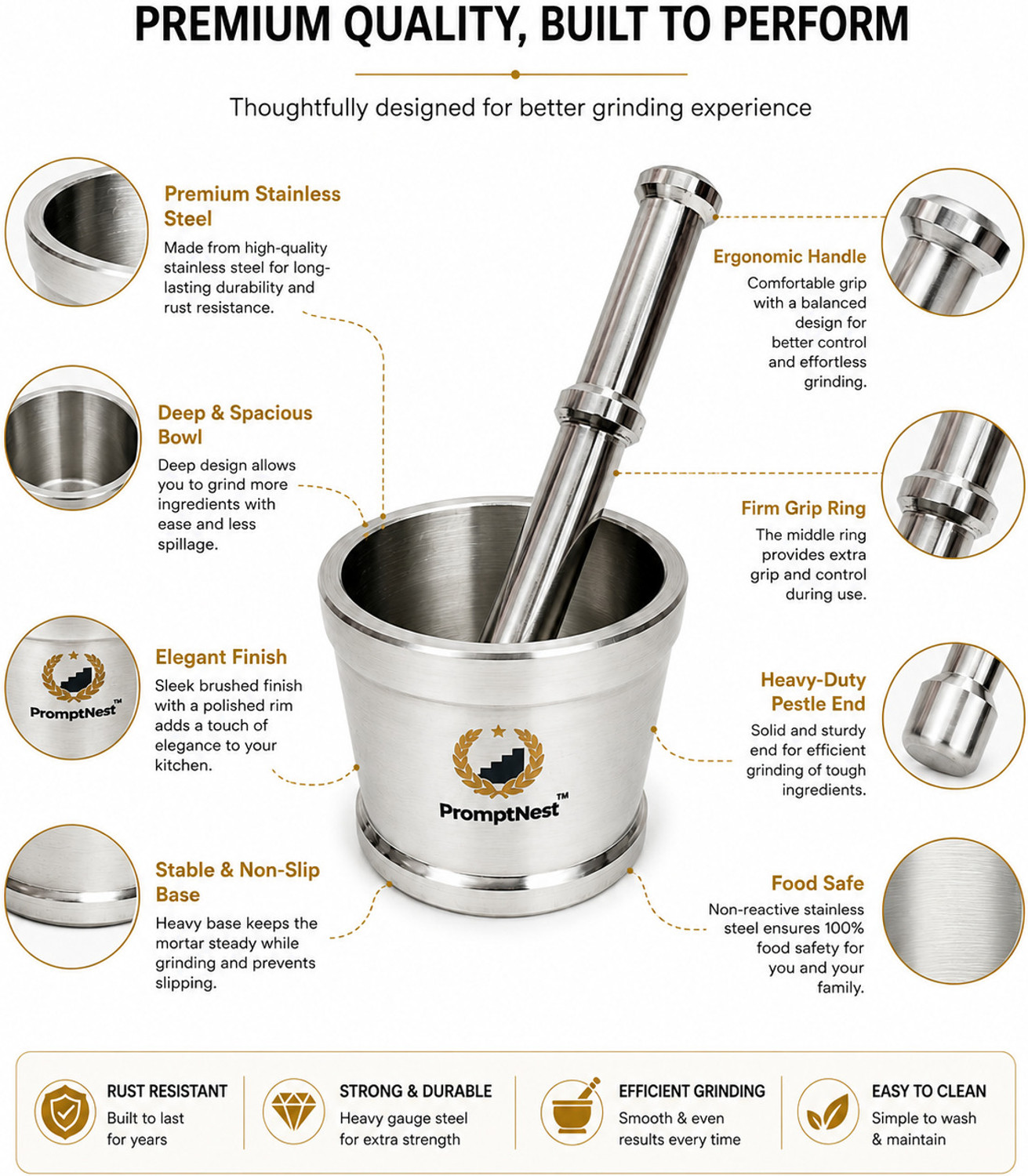 Image of PromptNest Premium stainless steel mortar and pestle Stainless Steel Masher