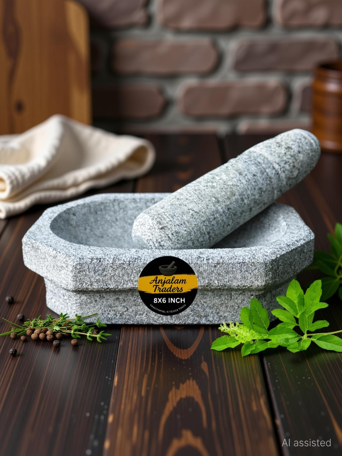 Image of anjalam traders Kalvam Stone Mortar and Pestle Okhli Masher, Khalbatta Stone (8.5 inch) Stoneware Masher