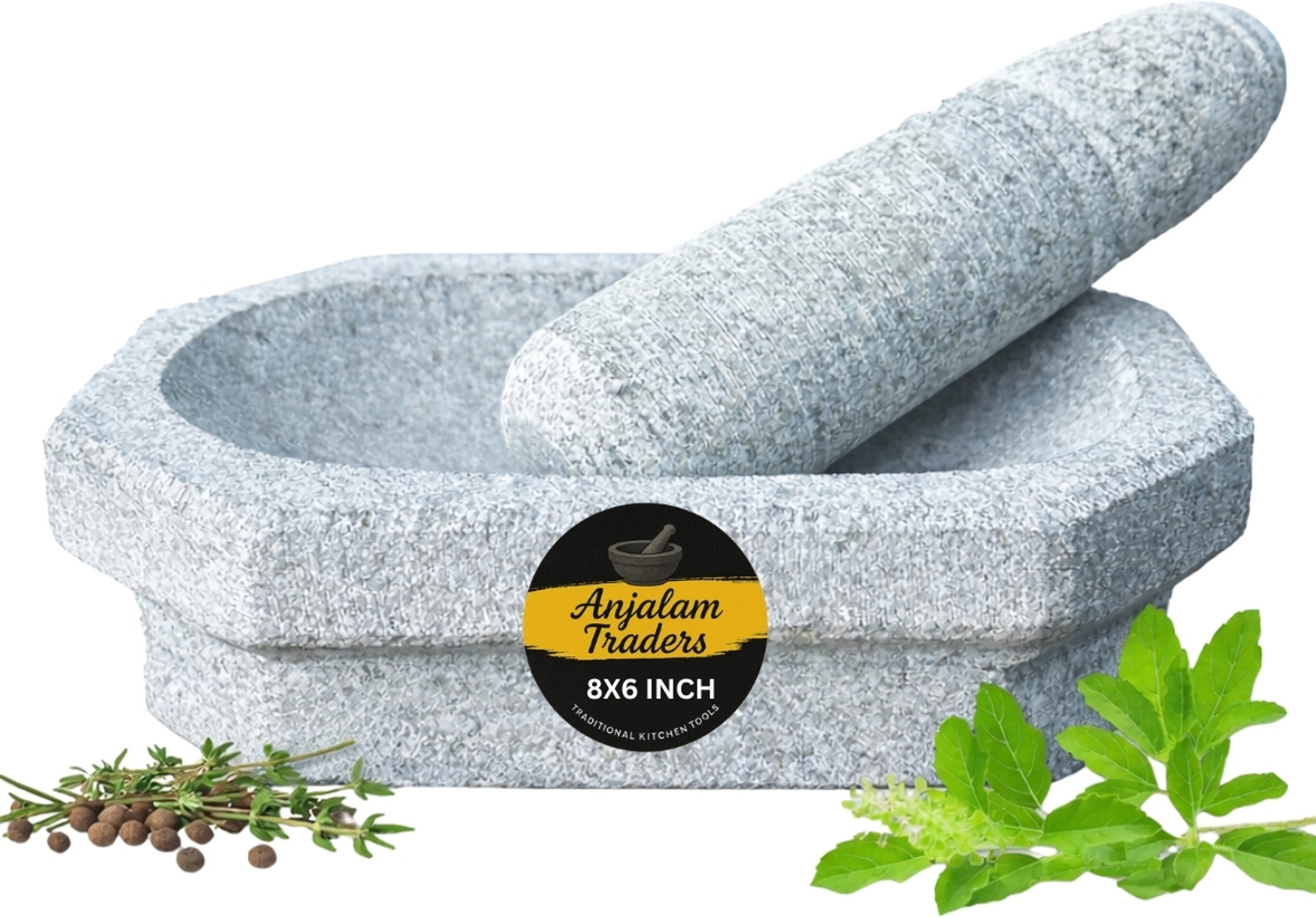Image of anjalam traders Kalvam Stone Mortar and Pestle Okhli Masher, Khalbatta Stone (8.5 inch) Stoneware Masher