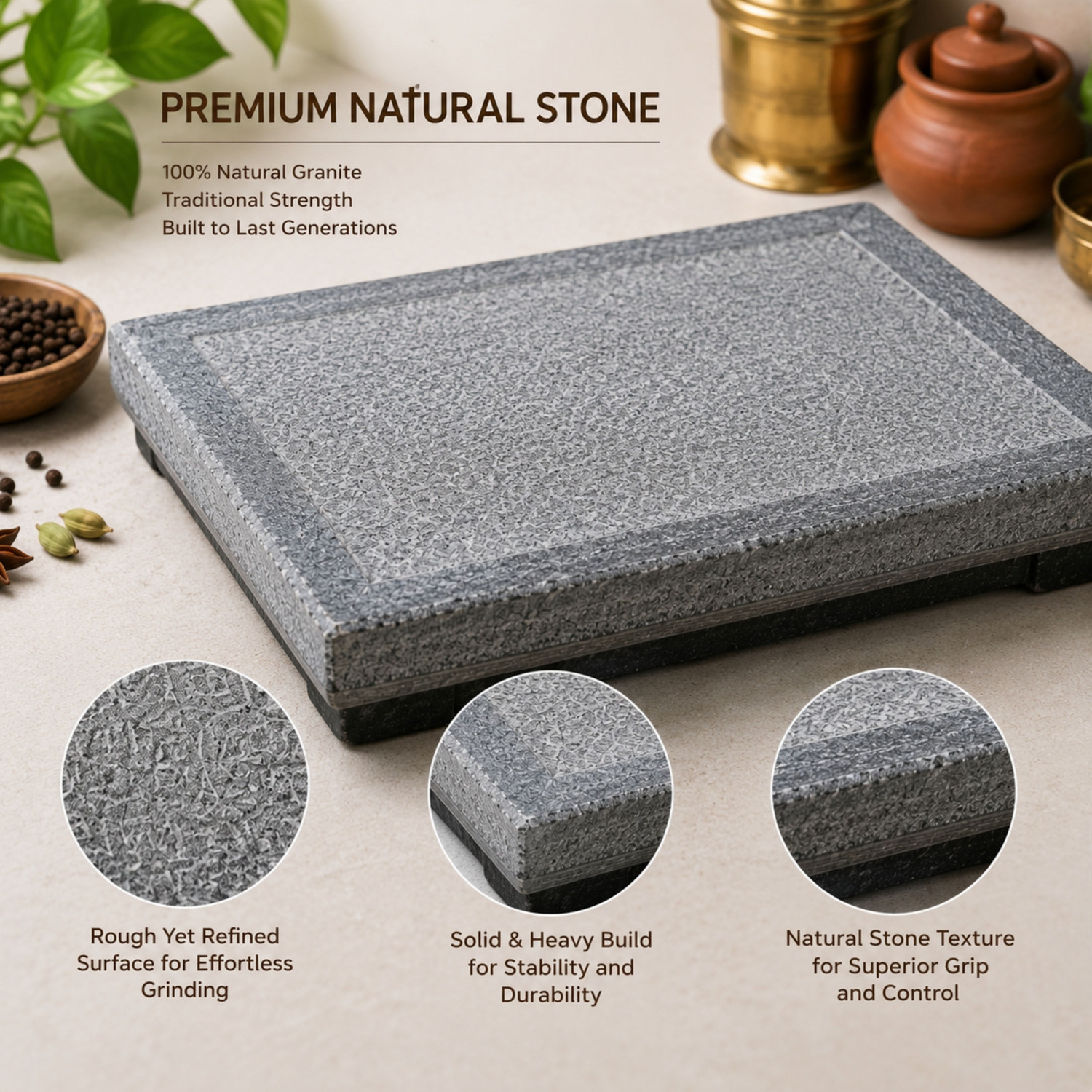 Image of inepta Authentic South Indian Granite Ammikallu Stone Grinder for Kitchen - 12 X 7 Size Stoneware Masher
