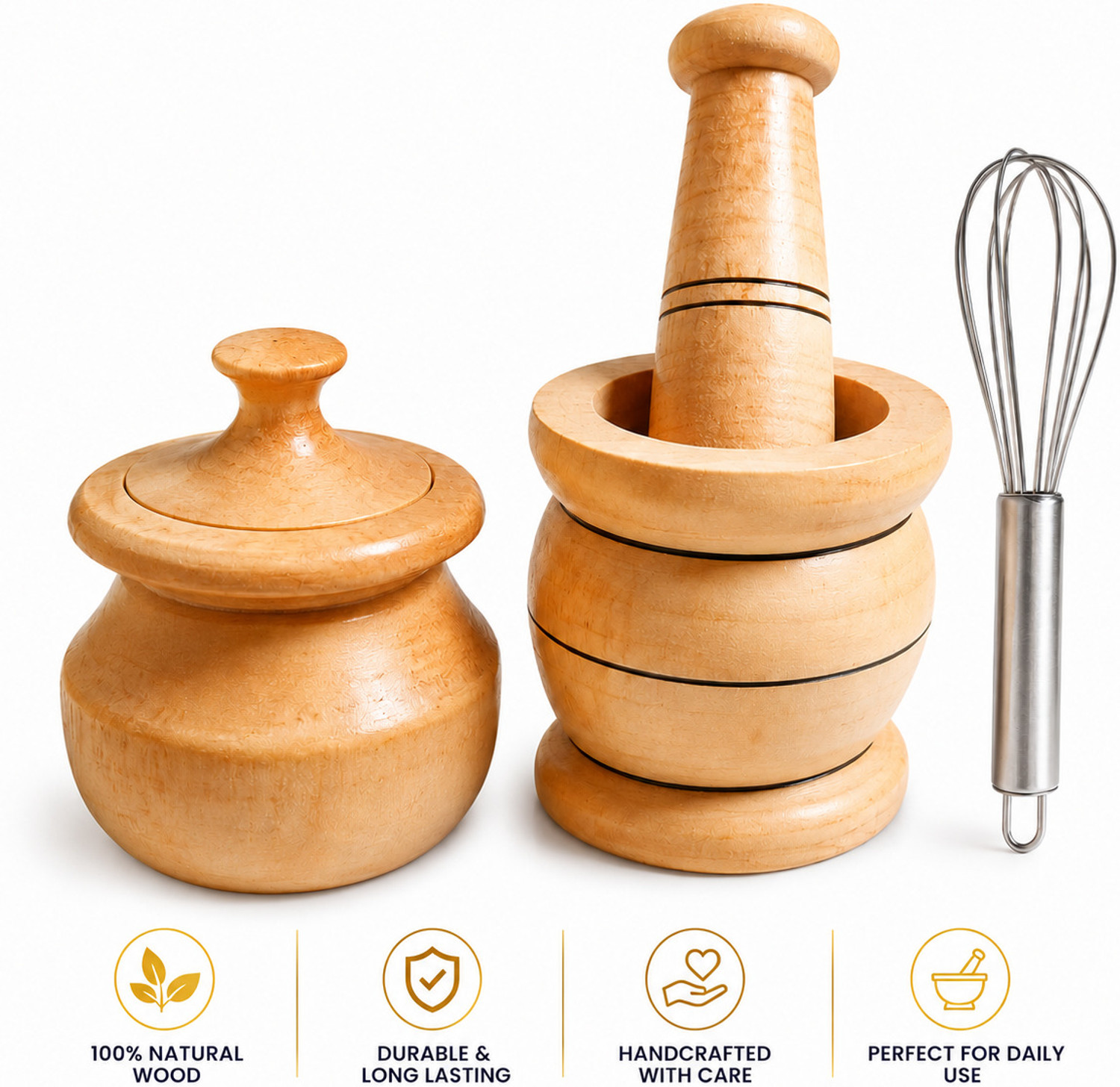 Image of Laxury Forest Wooden Hamal Dista & Storage Pot Combo Set | Handmade Kitchen Woodware Wood Masher