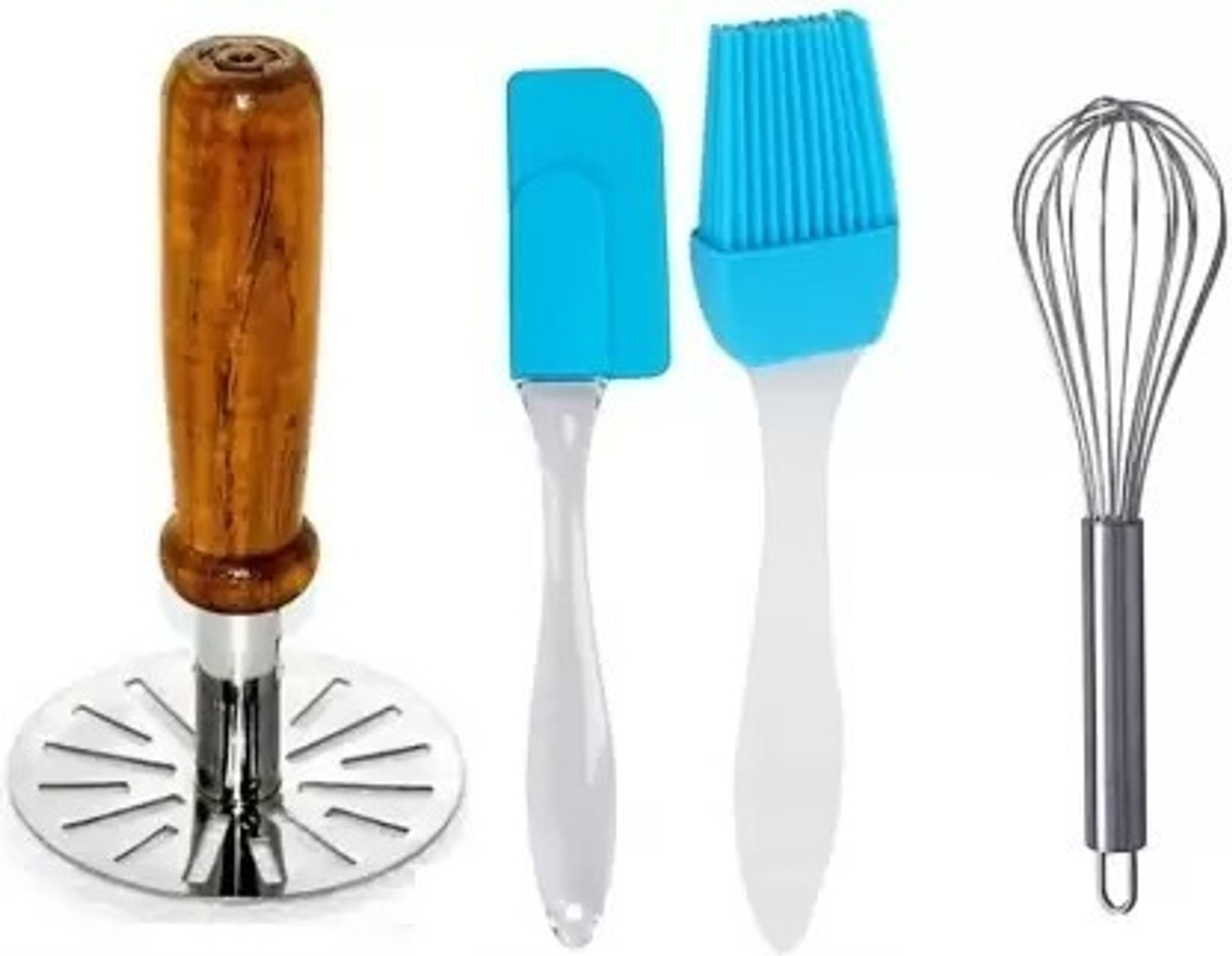 Image of LSARI Silicone Spatula Brush Set with Egg Whisker and Wooden Handle Potato Masher Stainless Steel Masher (Pack of 3)