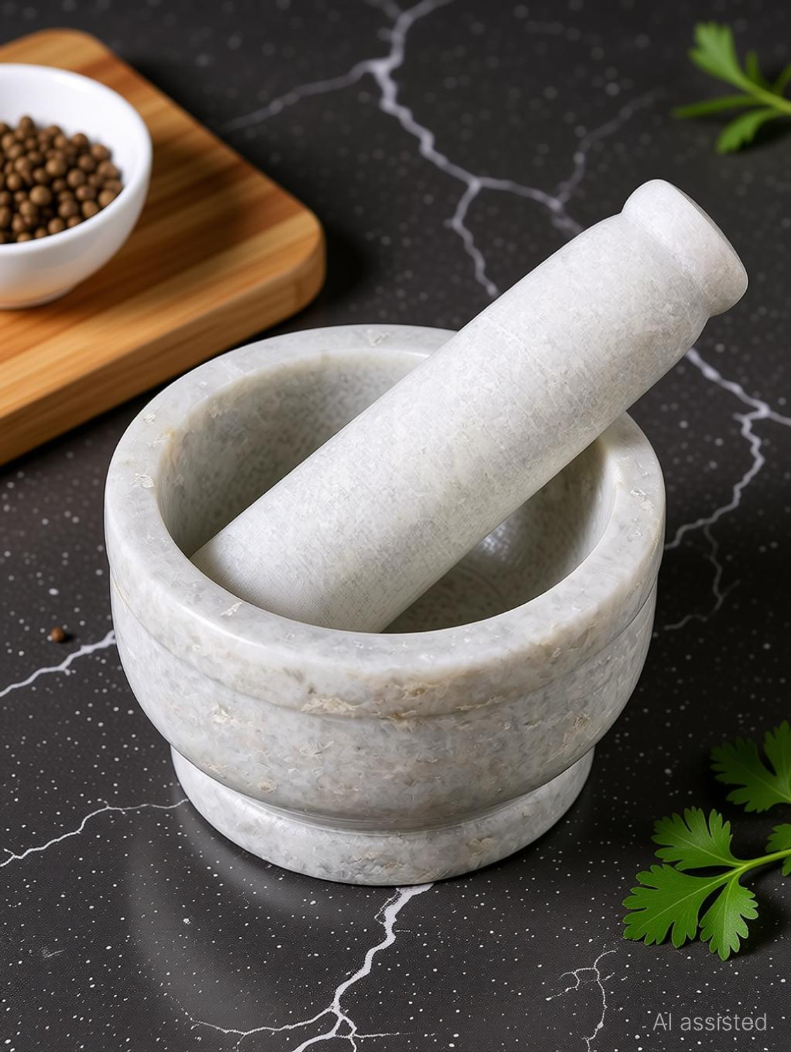Image of eGharonda White Marble Imam Dasta /Mortar and Pestle Set /Ohkli Musal /Kharal /Idi Marble Masher