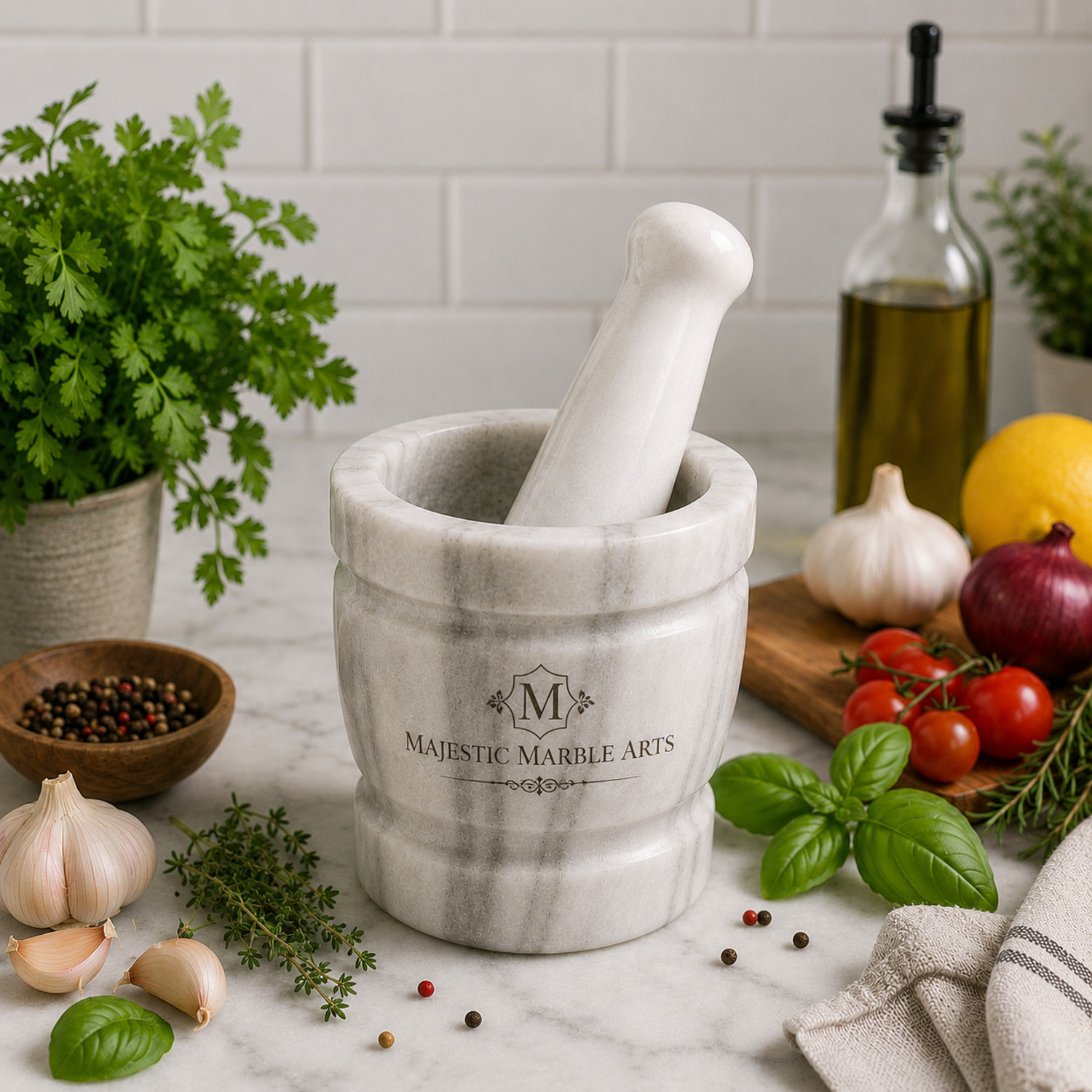 Image of MAJESTIC MARBLE ARTS White Marble Mortar & Pestle Set 4x4 Inch Heavy Spice Grinder for Herbs Masala Marble Masher (Pack of 1)