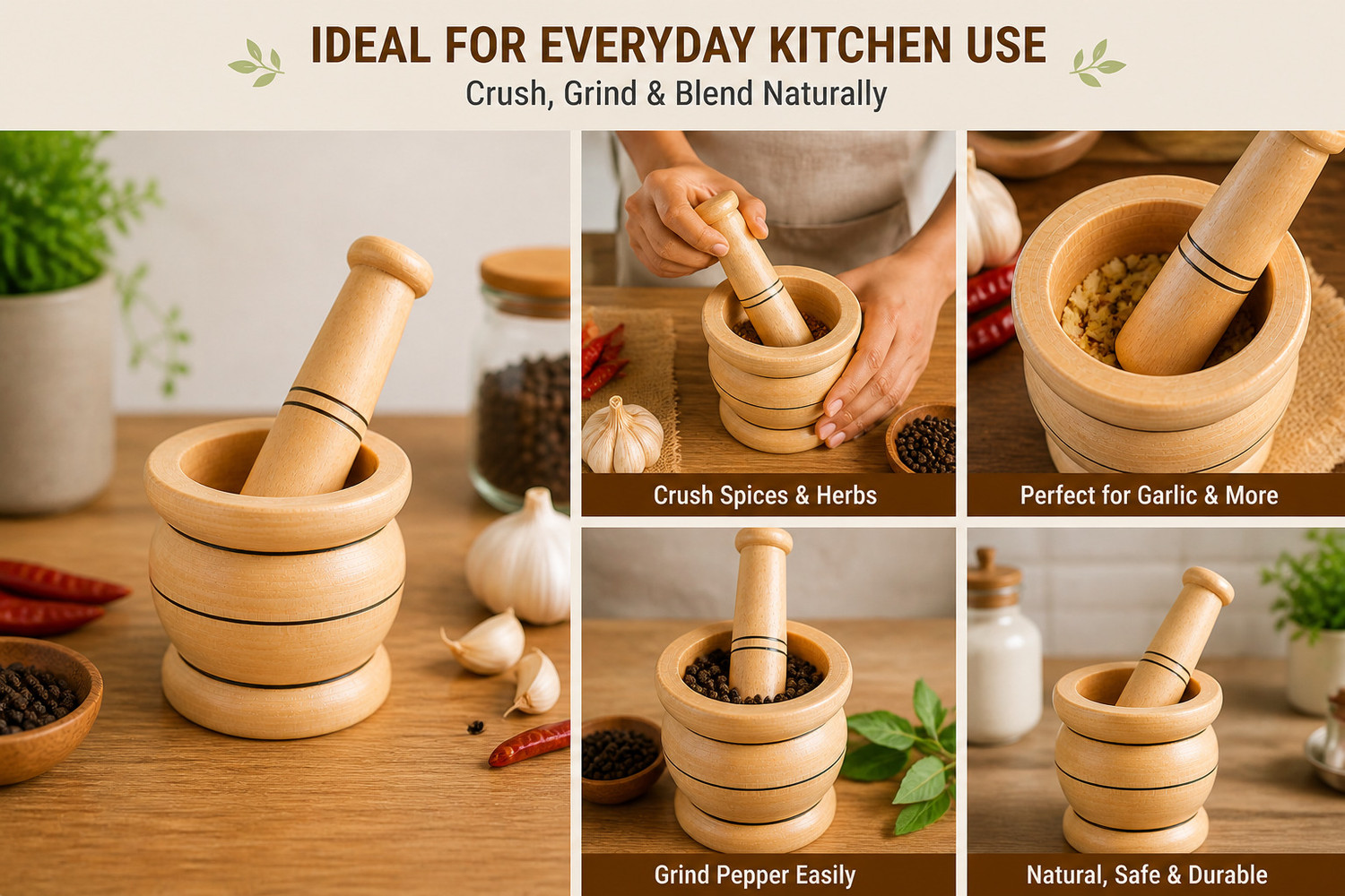 Image of Laxury Forest Wooden Hamal Dista & Storage Pot Combo Set | Handmade Kitchen Woodware Wood Masher
