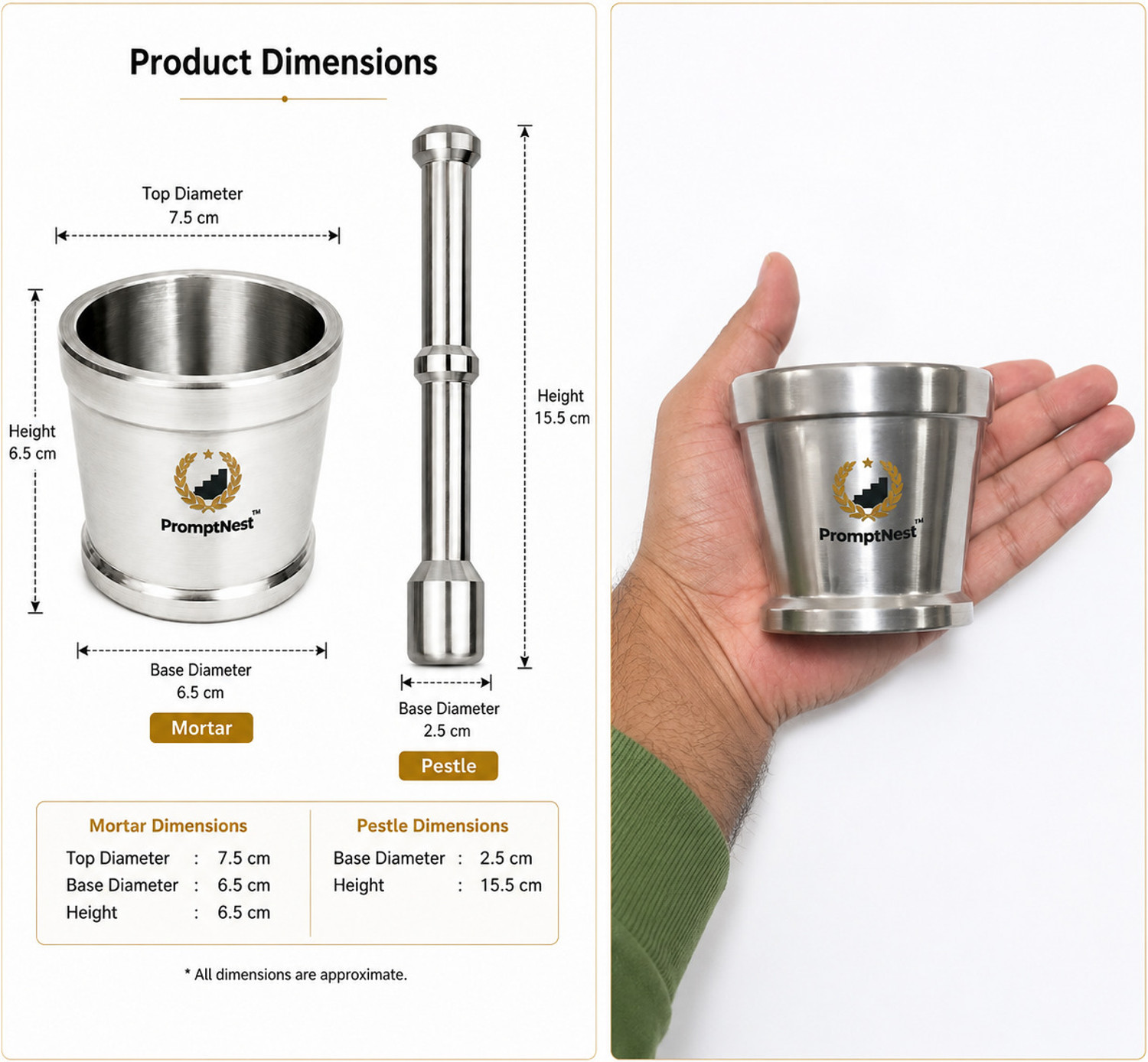 Image of PromptNest Premium stainless steel mortar and pestle Stainless Steel Masher