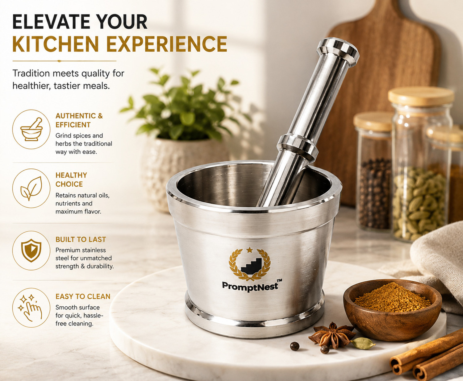 Image of PromptNest Premium stainless steel mortar and pestle Stainless Steel Masher