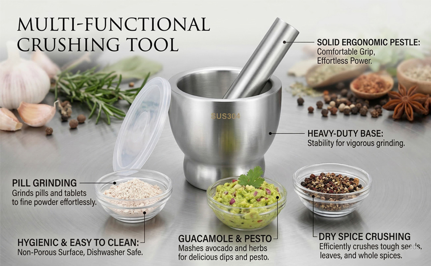 Image of DHVITI EXPO Premium Steel Mortar Pestle for Kitchen Spices | Heavy Duty Grinder Stainless Steel Masher