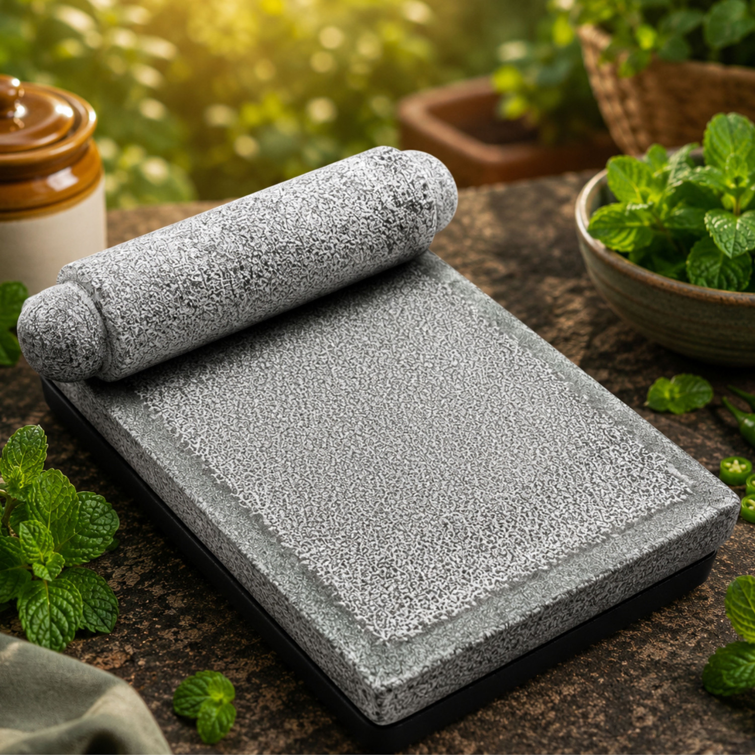 Image of inepta Authentic South Indian Granite Ammikallu Stone Grinder for Kitchen - 12 X 7 Size Stoneware Masher