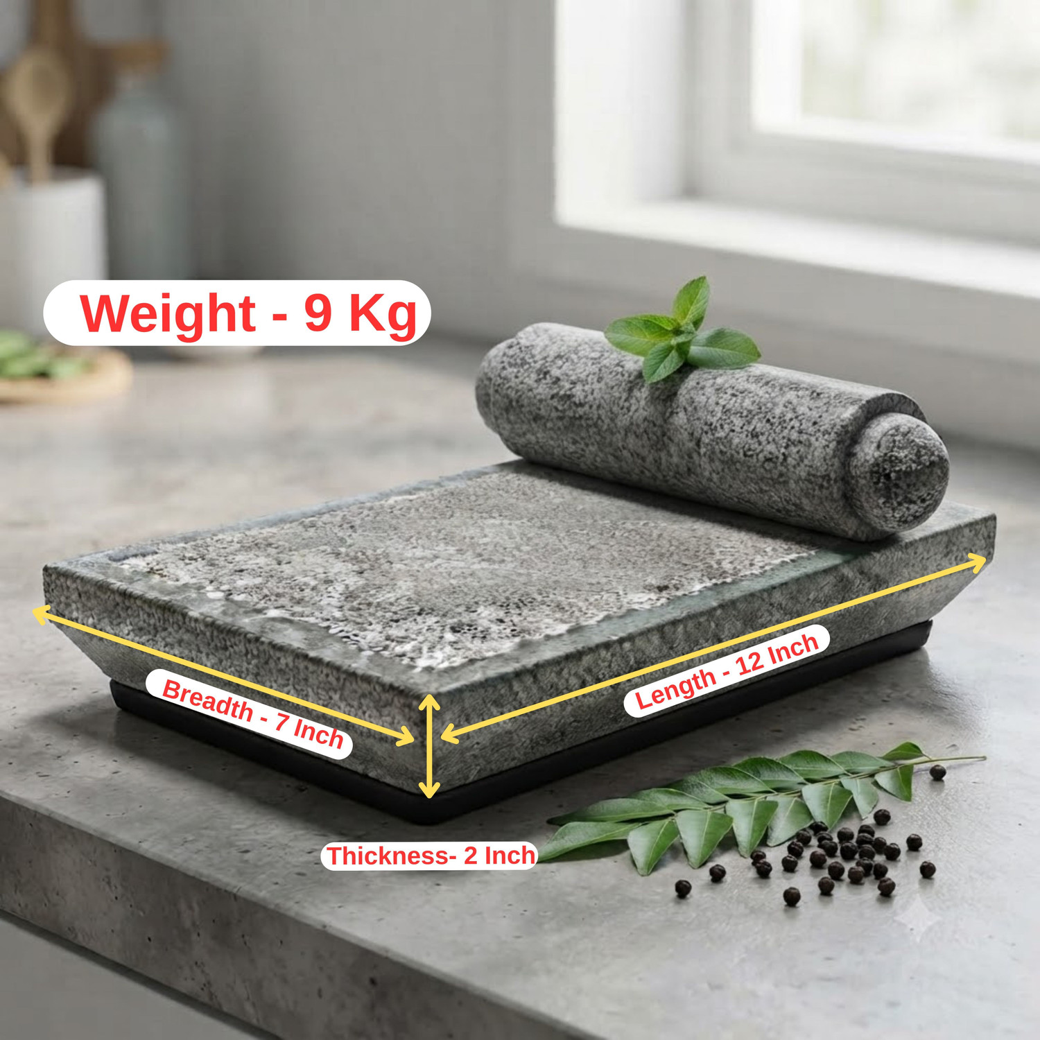 Image of inepta Authentic South Indian Granite Ammikallu Stone Grinder for Kitchen - 12 X 7 Size Stoneware Masher