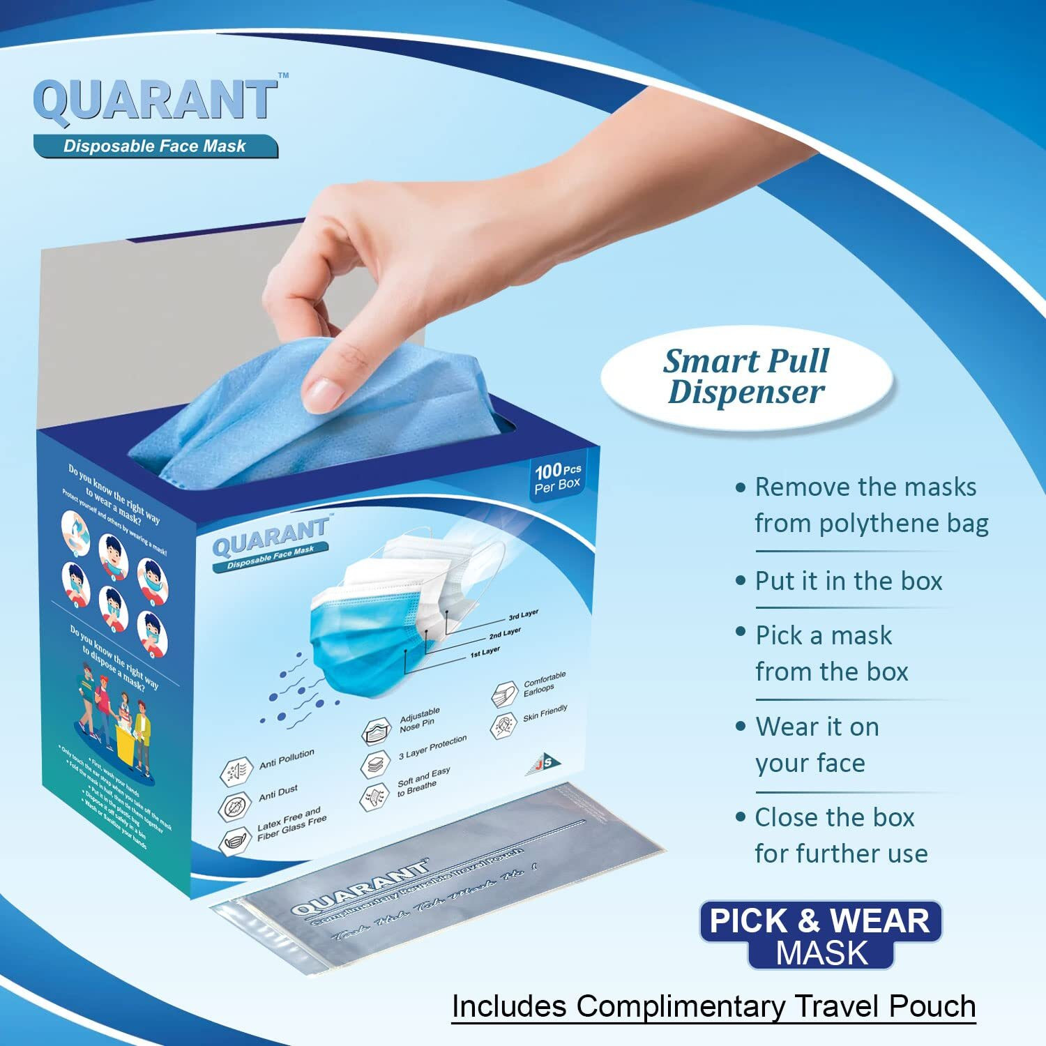 Image of QUARANT 3 Ply Protective Surgical Face Mask, UV Sterilized, BFE >98% & PFE >95%, PFM Water Resistant Surgical Mask With Melt Blown Fabric Layer (Blue, Free Size, Pack of 100, 3 Ply)