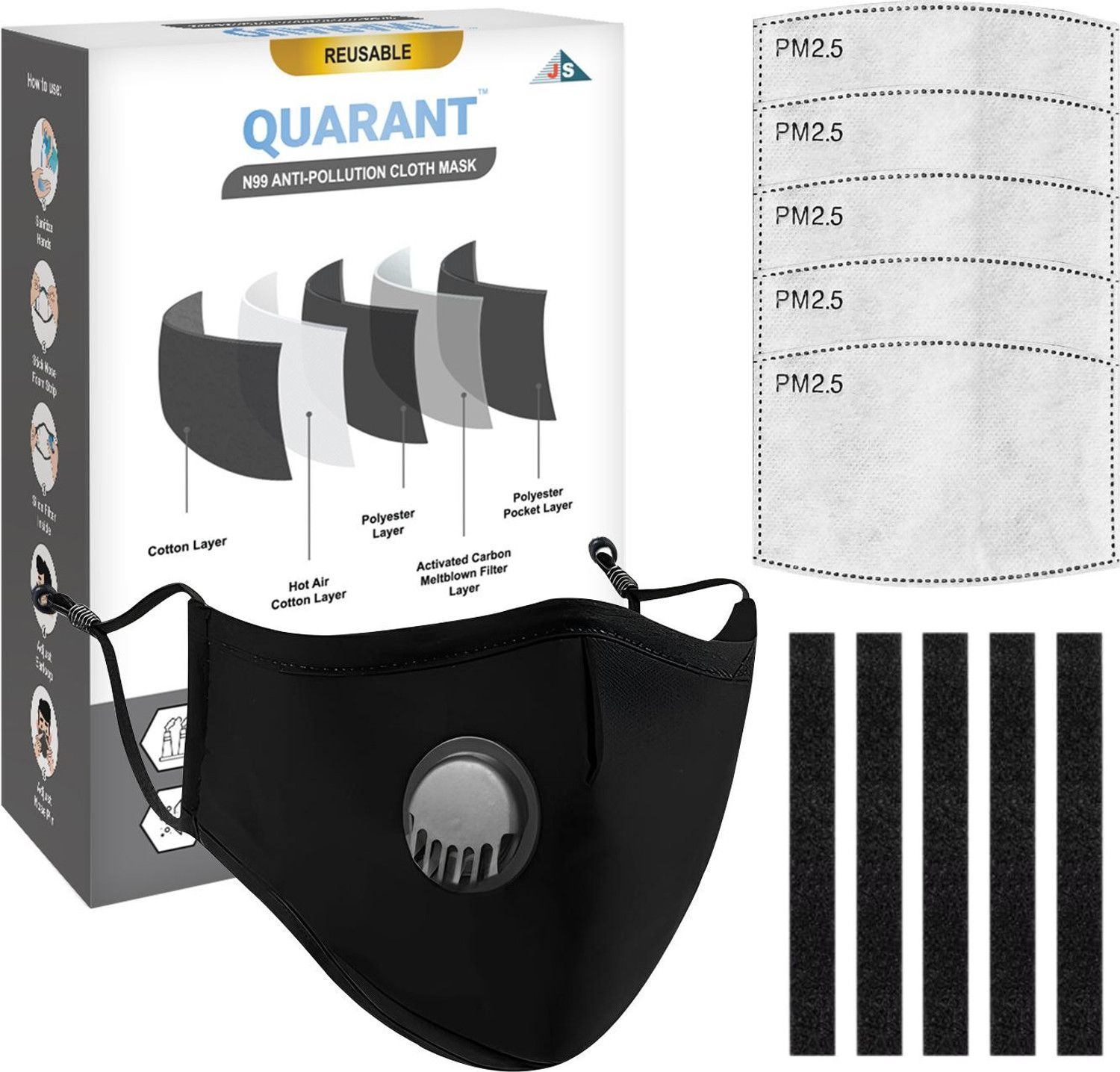 Image of QUARANT N99 Anti-Pollution Cloth Mask with 5 Carbon PM 2.5 Filters & 5 Nose Foam Strips N 99 Reusable Cloth Mask With Melt Blown Fabric Layer