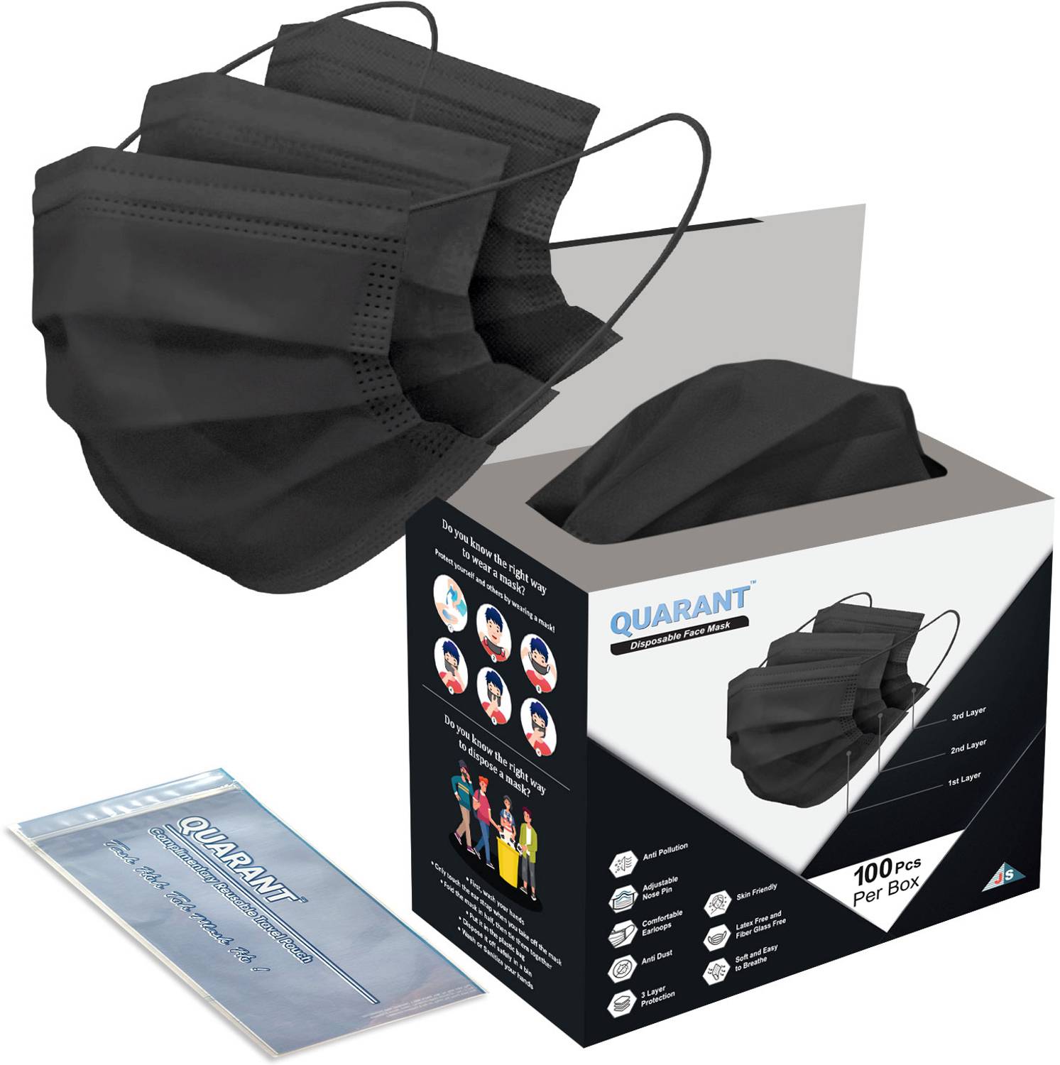 QUARANT 3 Ply Black Surgical Face Mask with Nose Clip & Travel
