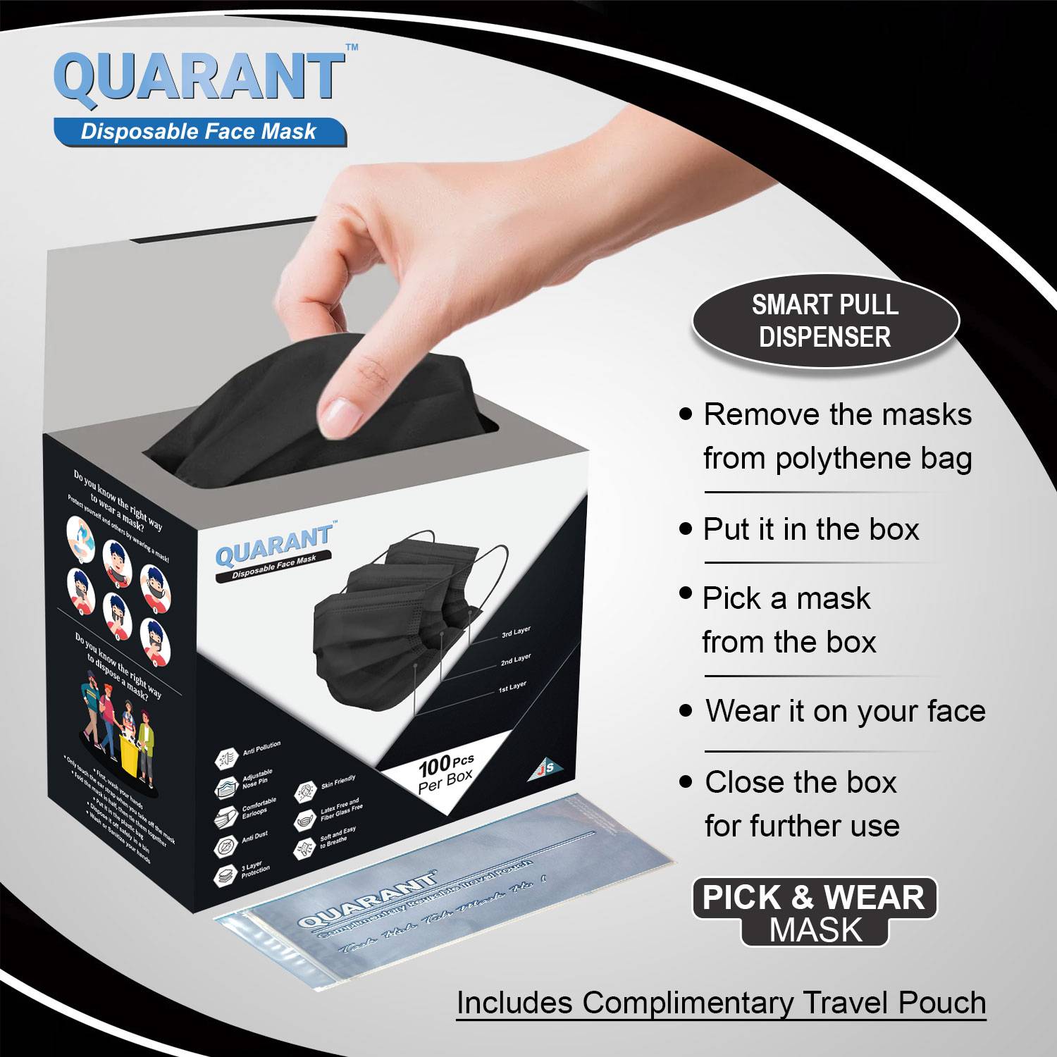 QUARANT 3 Ply Black Surgical Face Mask - Image 3