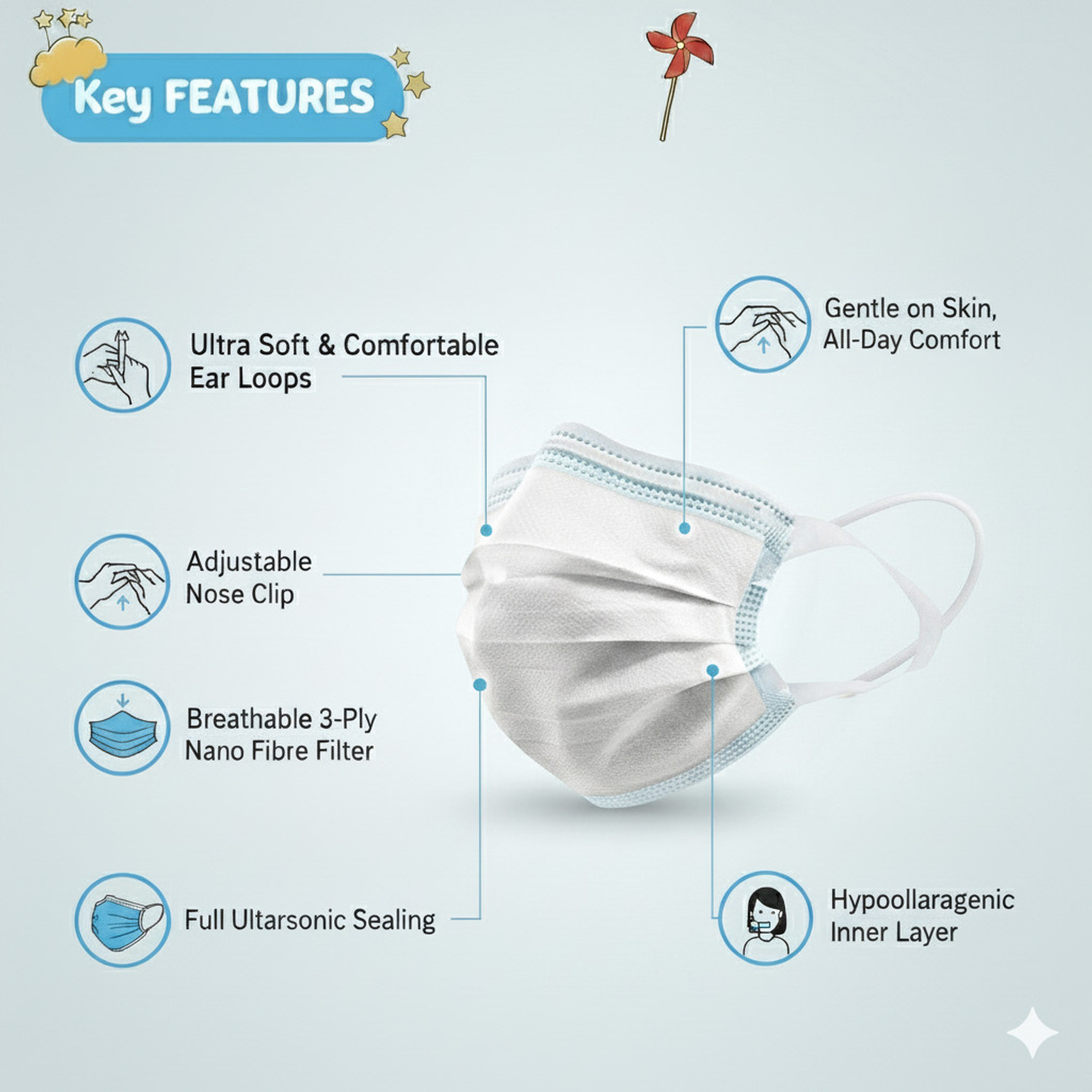 Image of 7SHIELD Kids Size Black dot printed Face Mask with Nose clip and soft fabric ear loop Mask 3 ply disposable filter protection breathable dust proof Child\kids size mask Water Resistant, Non-Reusable Surgical Mask