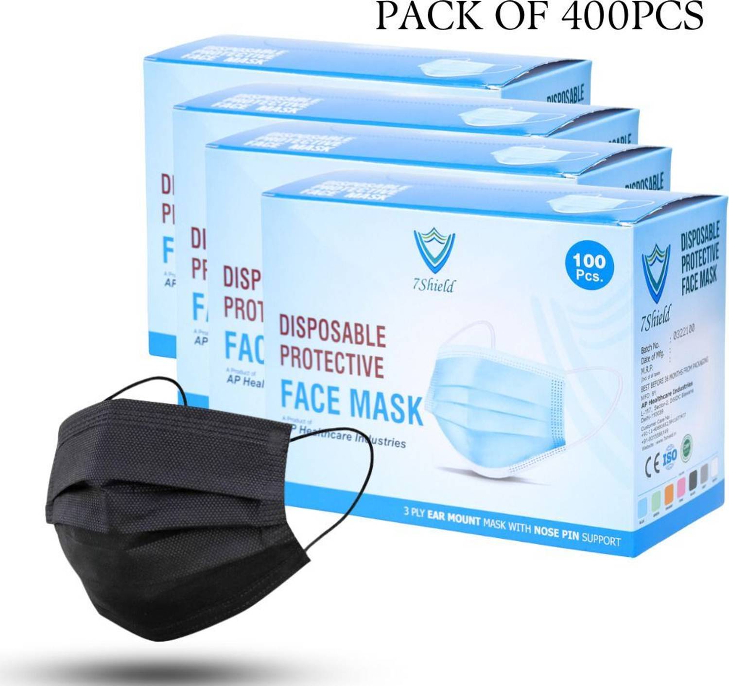 7SHIELD Black Surgical Mask With Nose Pin Disposable ISO Mark Breathable Surgical Mask 400 Pieces Black 3 ply disposable filter protection breathable dust proof Water Resistant Surgical Mask