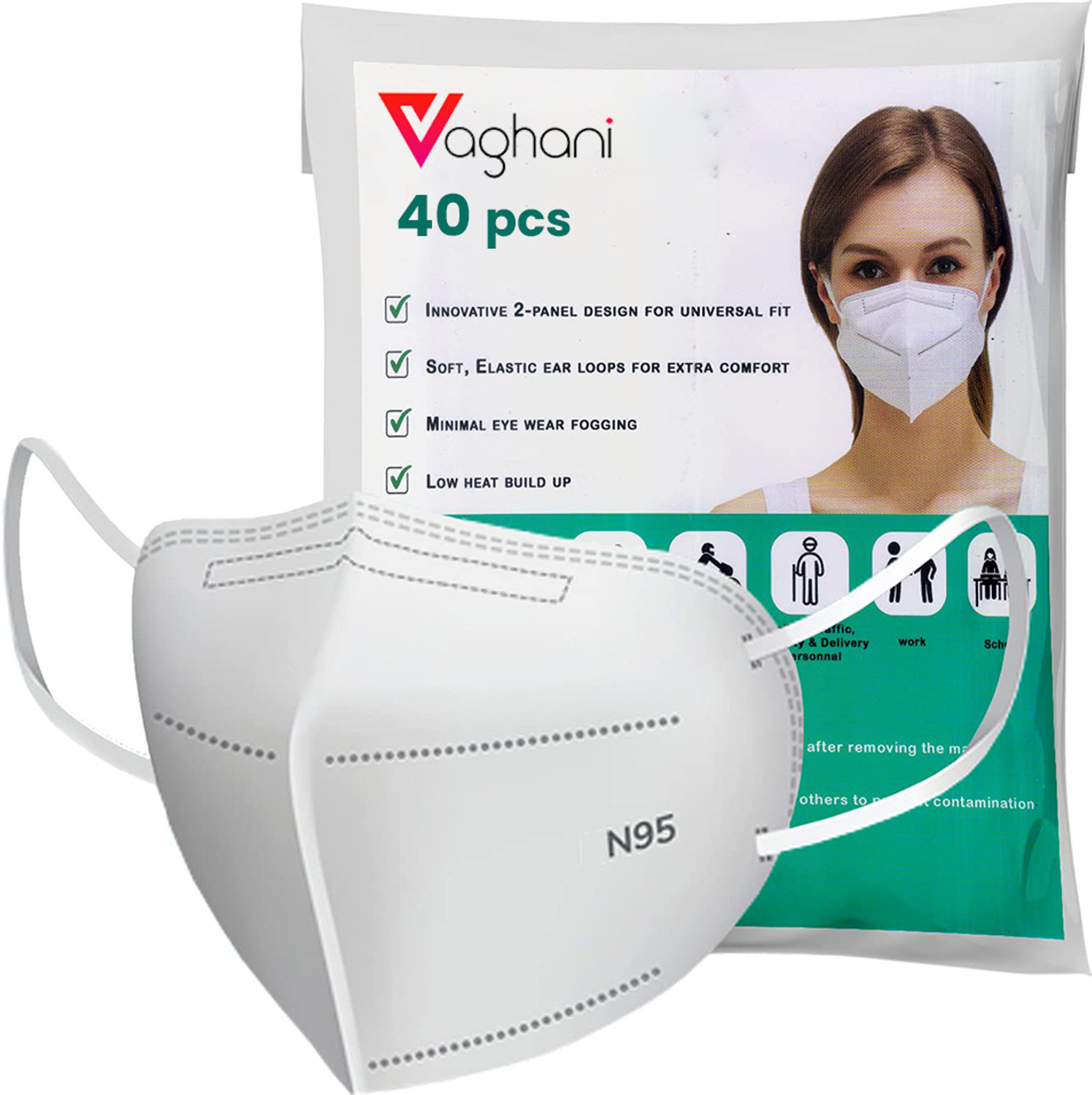Image of Vaghani N95 Mask Respirator 5 Layer Breathable Mask N95 /KN95 Reusable 5 Layer mask for Men ,Women(White, Free Size, Pack of 40)