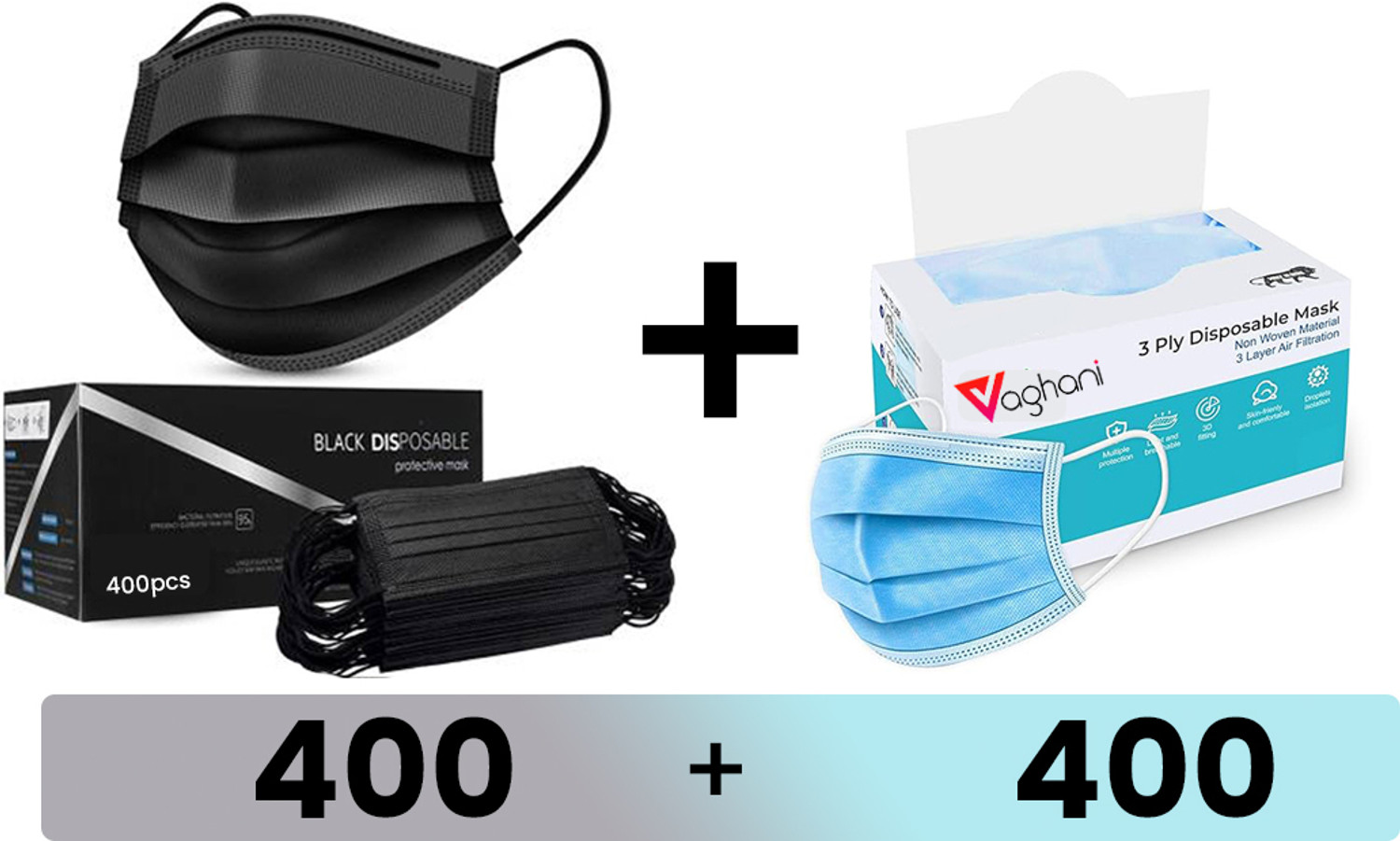 Image of Vaghani 800Pcs With Pin Black and Blur 3 Ply Pharmaceutical Surgical Mask with 3 Layer 3 Ply Surgical Mask (800 Pcs ( Black +Blue)) Surgical Mask With Melt Blown Fabric Layer