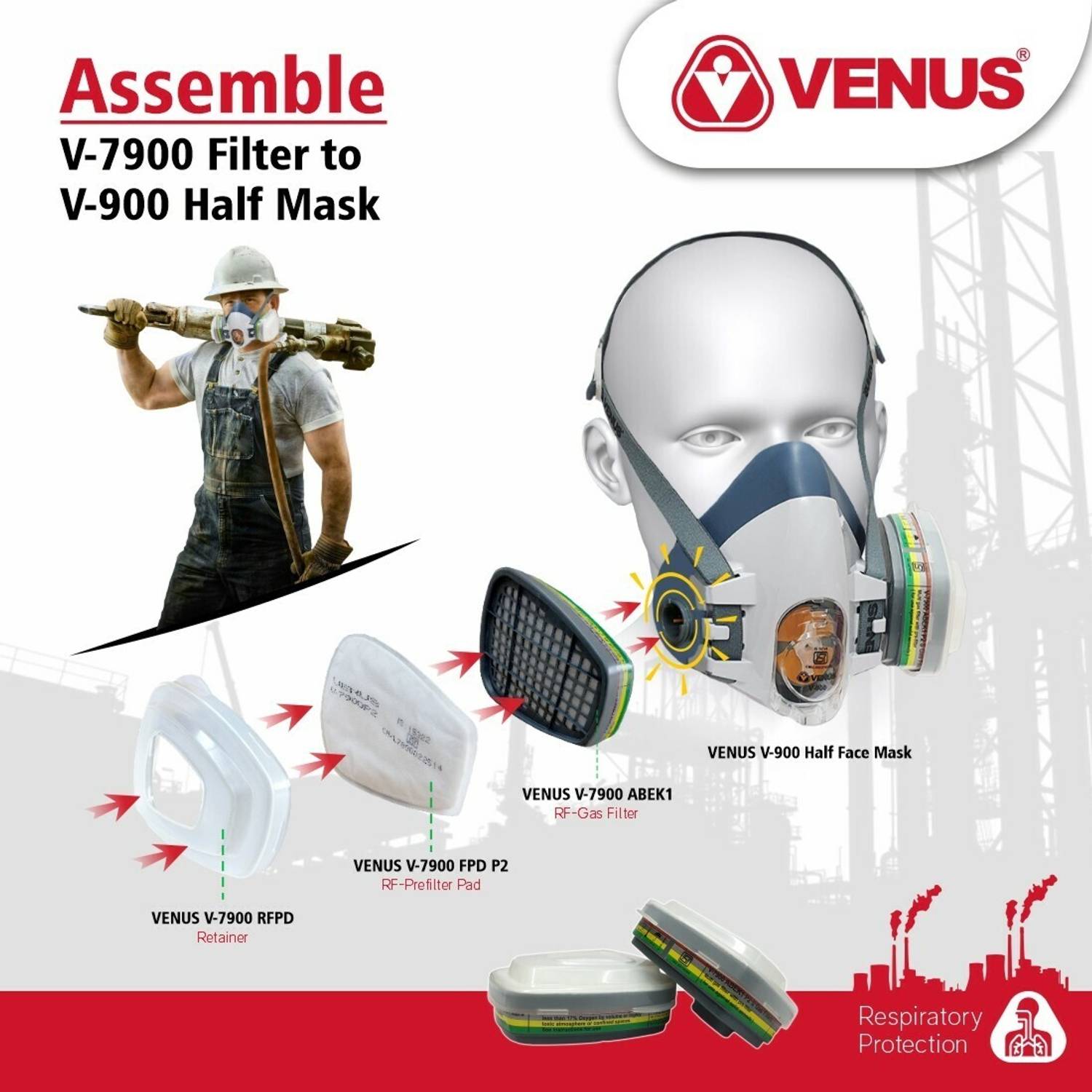 Venus V-900 Half Face Mask+V-7900 ABEK1 Multigas Reusable Filter