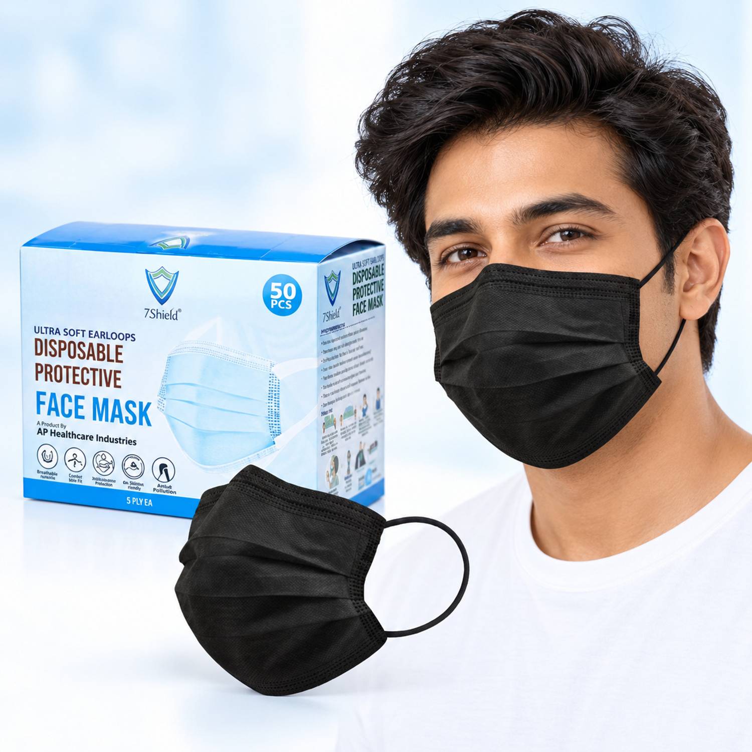 7SHIELD Premium Quality Black Surgical Mask With Nose Pin Disposable ISO Mark Breathable Pollution Face Mask 3 Layer For Men, Women, Kids(50 Piece) (Premium Black Mask) Water Resistant Surgical Mask With Melt Blown Fabric Layer