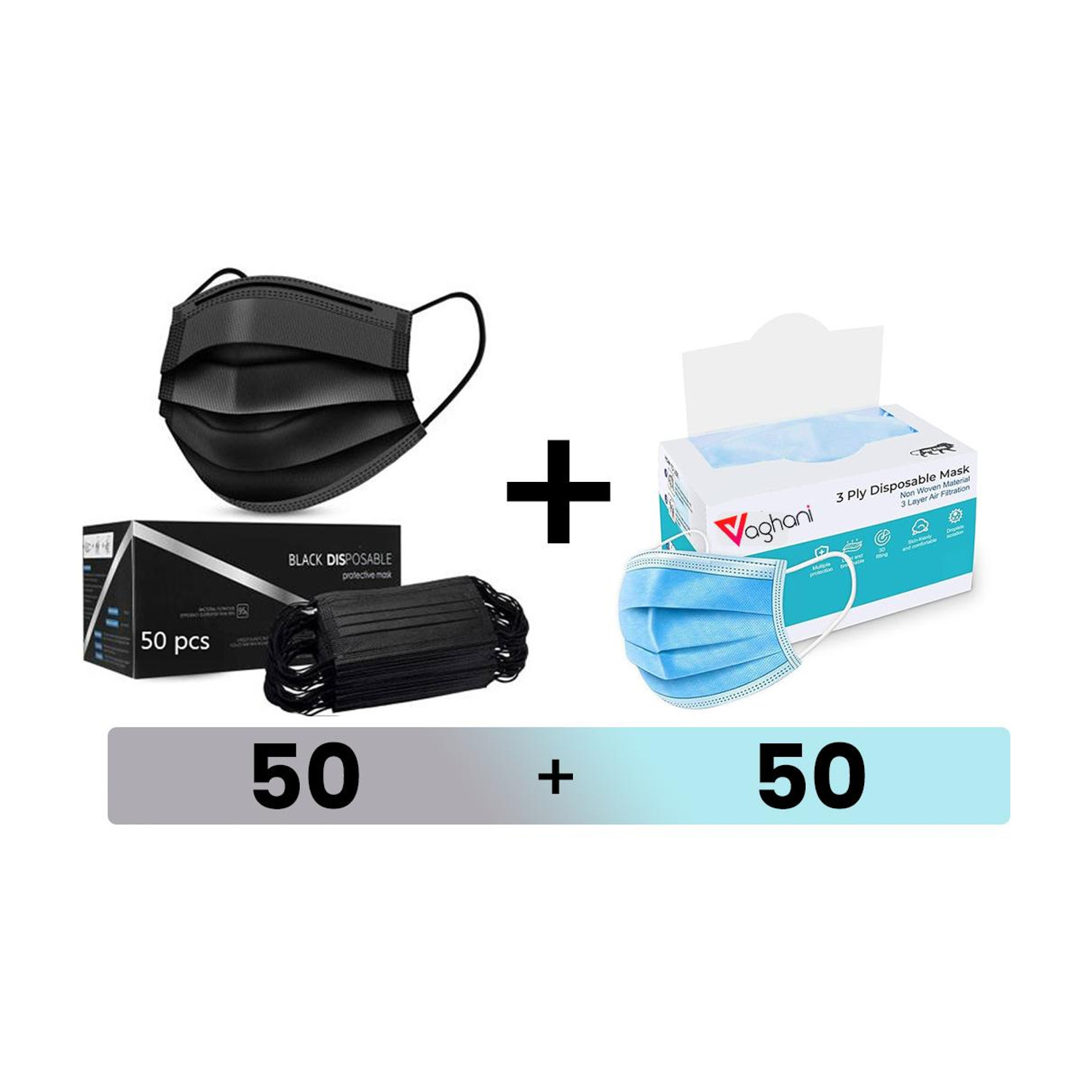 Image of Vaghani 100Pcs With Pin Black and Blur 3 Ply Pharmaceutical Surgical Mask with 3 Layer 3 Ply Surgical Mask (100 Pcs ( Black +Blue)) Surgical Mask With Melt Blown Fabric Layer