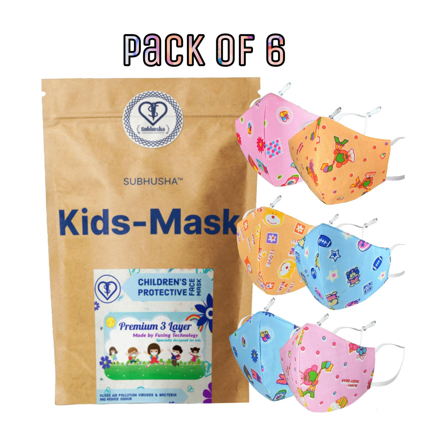 Image of SUBHUSHA SUPER SAFETY 3 Layer cartoon print kids mask with Adjustable Ear loops Pack Of 6 Kids Print-6-PCS-pink & orange Reusable, Washable Cloth Mask