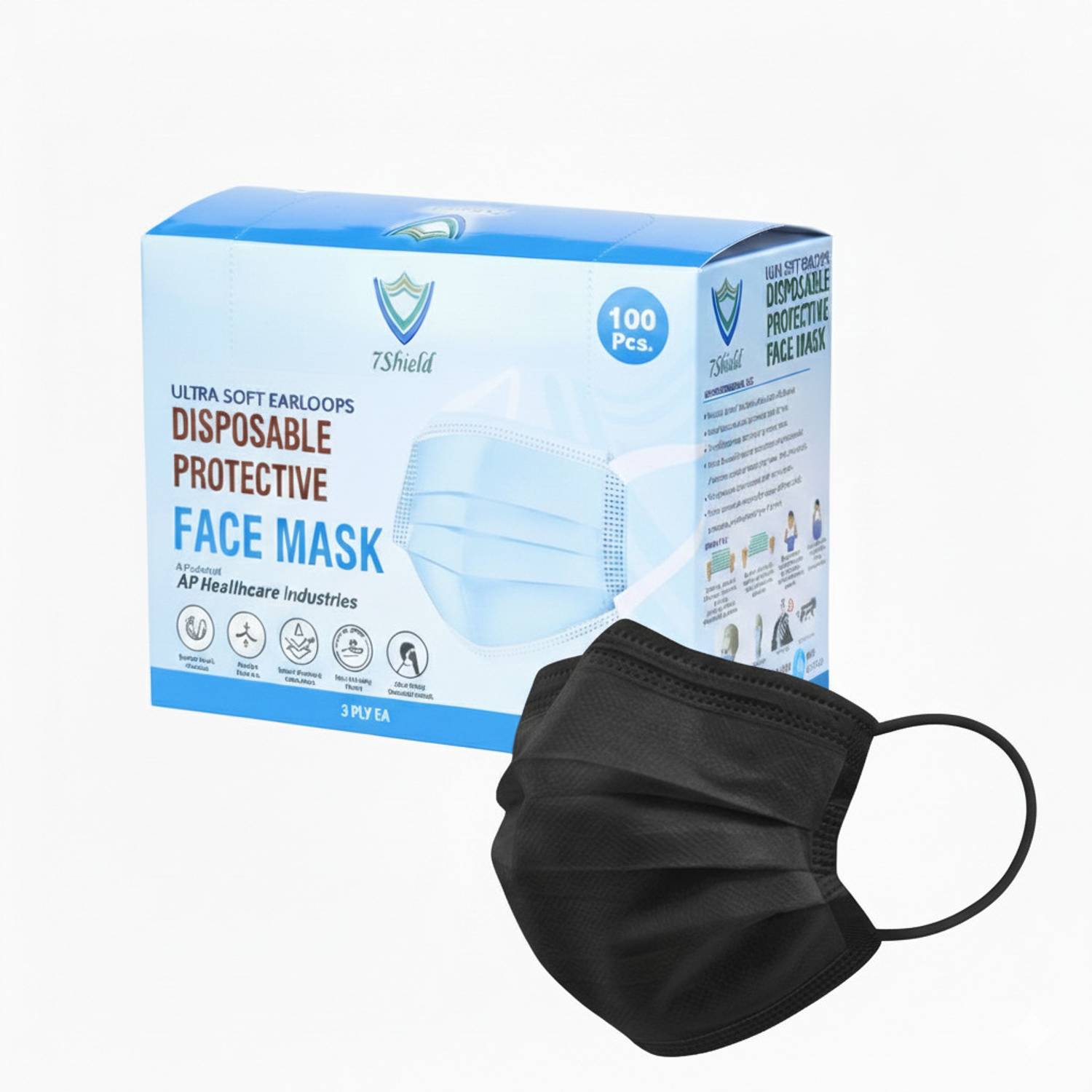 7SHIELD CE and ISO Certified Face Mask with Nose clip and soft ear loops Mask Black 100pcs Black 3 ply disposable filter protection breathable dust proof Water Resistant Surgical Mask With Melt Blown Fabric Layer