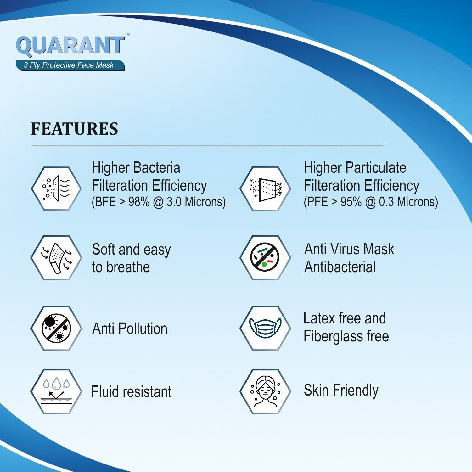 Image of QUARANT 3 Ply Protective Surgical Face Mask with Nose Clip for Adults PFM Water Resistant Surgical Mask With Melt Blown Fabric Layer