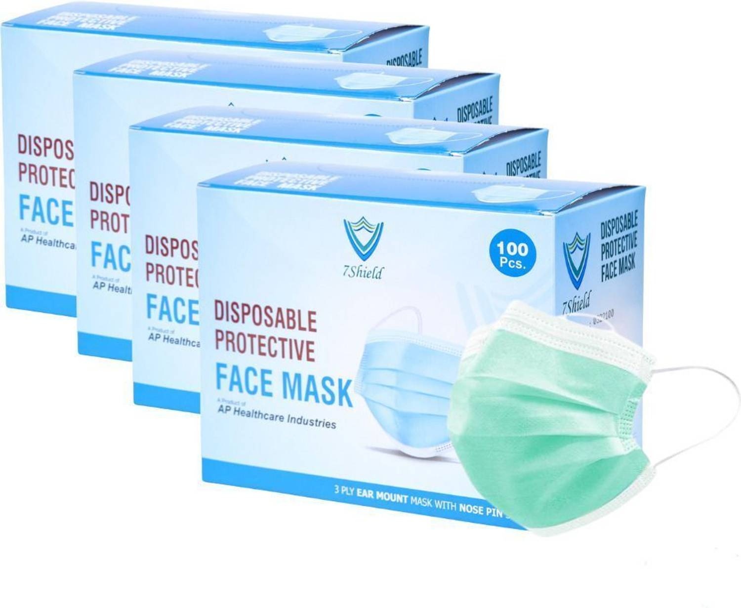 7SHIELD 3 ply green surgical mask, MFG By:- AP Health Care CE and ISO Certified Face Mask with Nose clip and soft ear loops 3PLY Water Resistant Surgical Mask green 3 ply disposable filter protection breathable dust proof Water Resistant Surgical Mask Water Resistant Surgical Mask