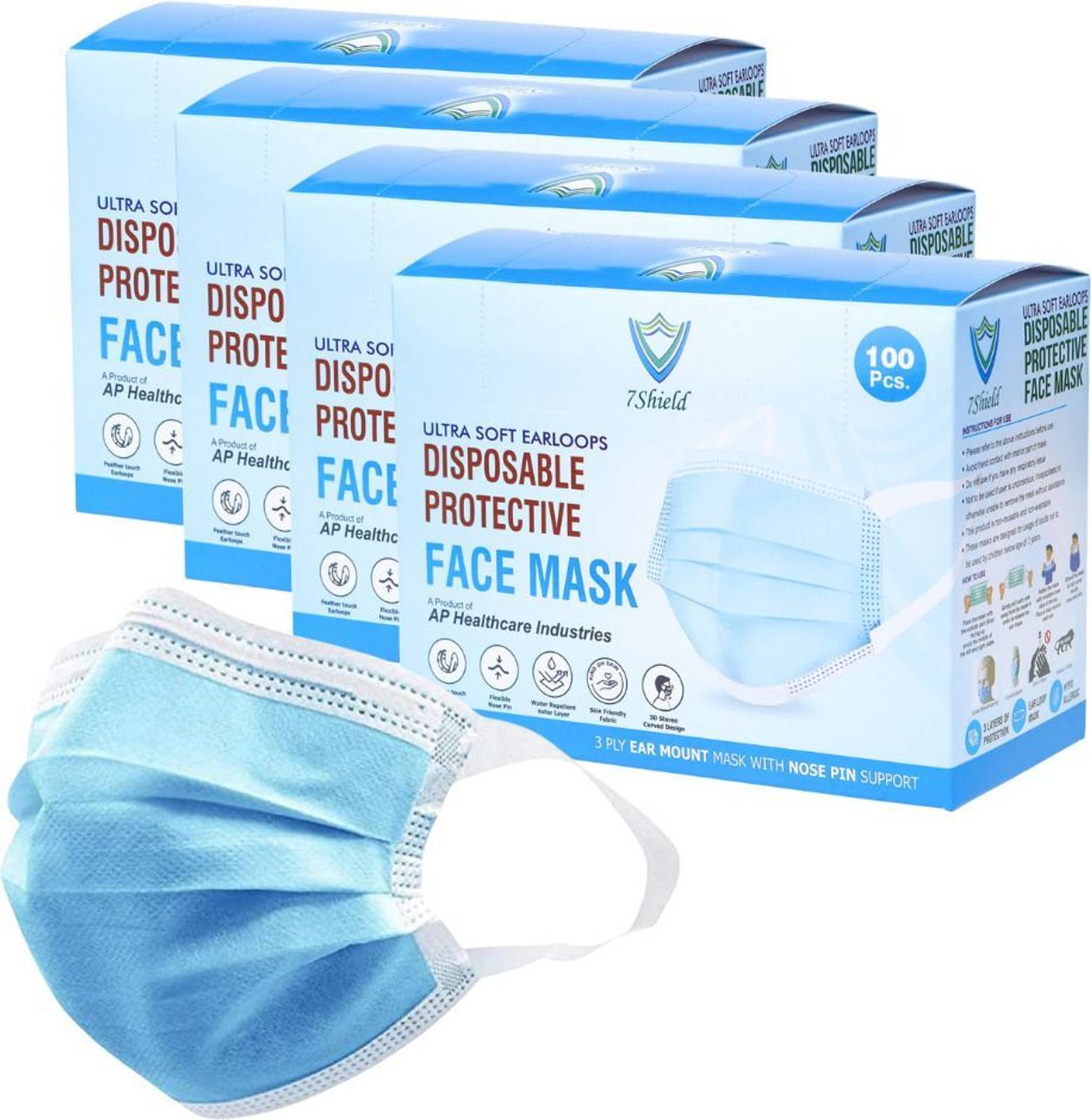 7SHIELD CE and ISO Certified Surgical mask with Extra soft Fabric ear loop and Inbuilt Plastic coated Nose pin disposable water resistant Blue unisex mask. 400pc softloop Water Resistant Surgical Mask