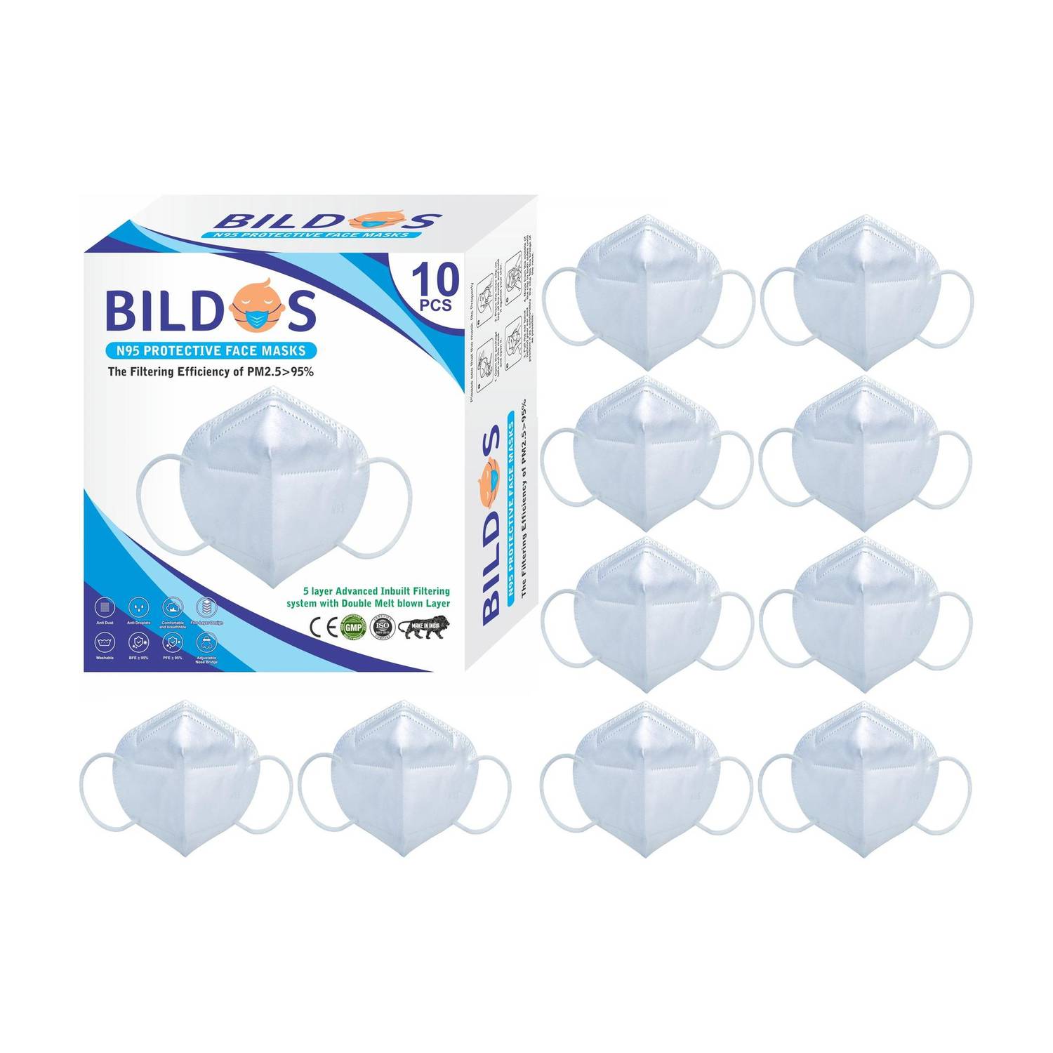 BILDOS N95/KN95 Reusable 5 Layer Mask with Melt blown fabric Filter Pollution Mask Respirator N95 Washable mask for Men ,Women Reusable