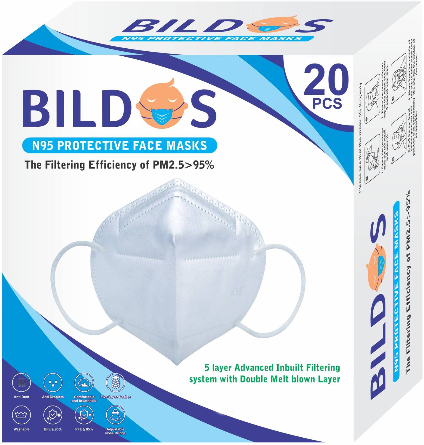 BILDOS N95 Mask with Melt blown Layer N95 Mask Respirator 5 Layer Breathable Mask