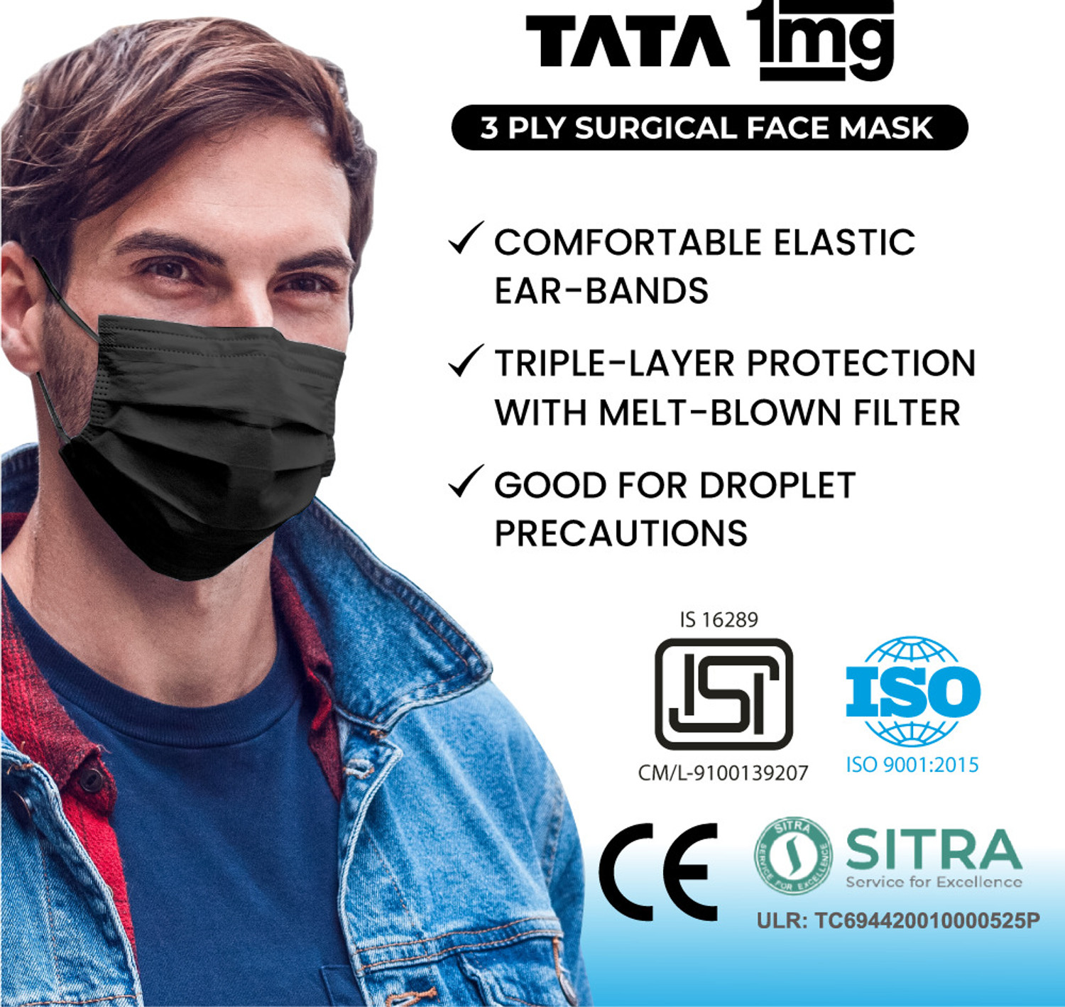 Image of TATA 1mg 3 Ply Surgical Mask with Meltblown Filter and Nose Pin Surgical Mask With Melt Blown Fabric Layer