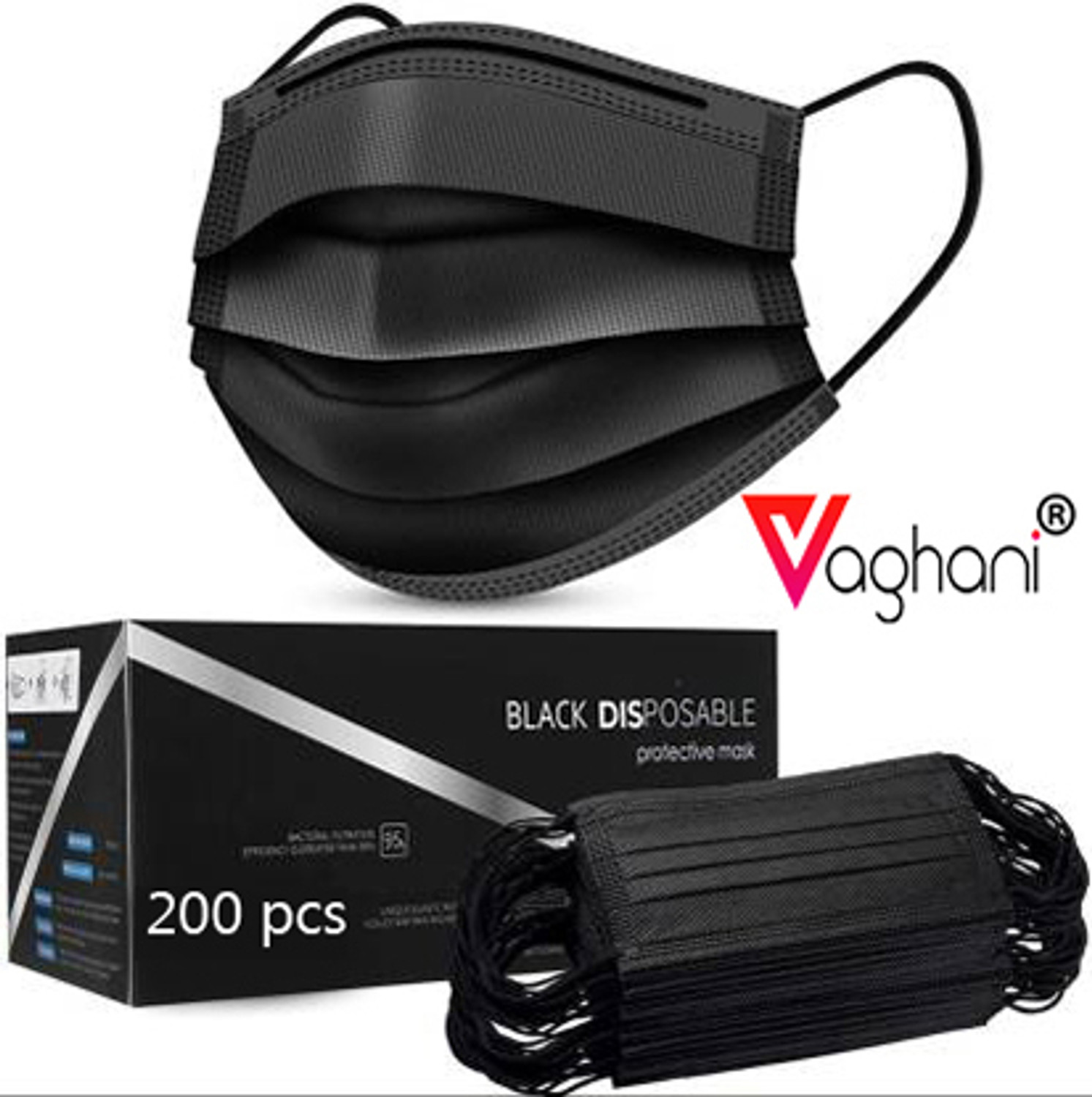 Image of Vaghani 200Pcs Black Polluation Pharmaticul Mask With Nose Pin 3 Ply Polluation Pharmaticul Mask 200 Pcs ( Black )( 75 Gsm )(Quality)) Surgical Mask With Melt Blown Fabric Layer
