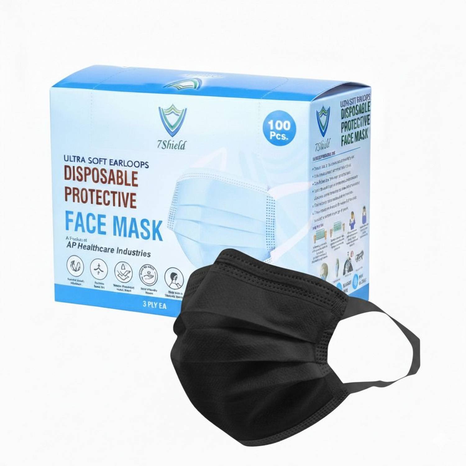 7SHIELD Mask With Extra Soft Black (Fabric Ear Loop) and Inbuilt Plastic coated Nose pin Black Soft Fabric Ear loop mask Water Resistant Surgical Mask With Melt Blown Fabric Layer